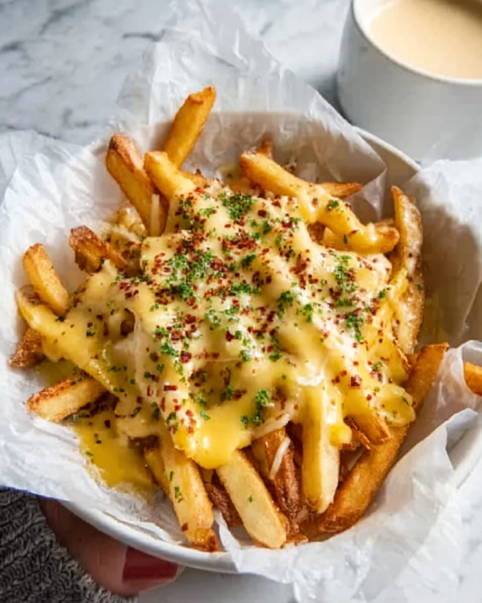 A white bowl lined with parchment paper holds a generous serving of golden-brown fries topped with melted yellow cheese sauce that covers most fries, with small green herb sprinkles and red seasoning scattered on top, giving a textured and colorful finish. To the right side, part of a white cup with a creamy light-colored dipping sauce is visible on a white marbled surface. A woman's hand is slightly touching the bowl's edge. Photo taken with an iphone --ar 4:5 --v 7