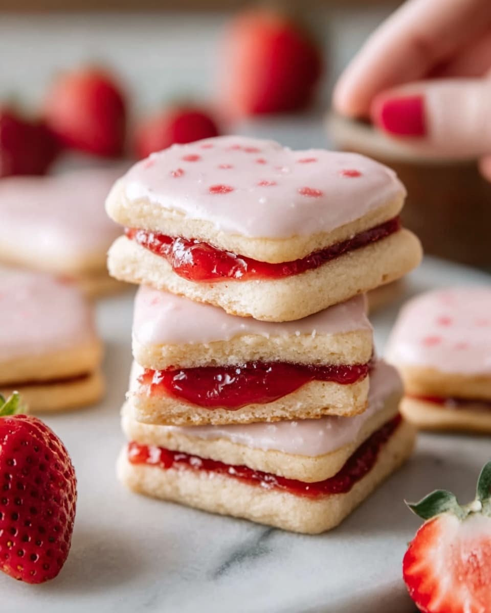 The image shows a stack of three square cookies on a white marbled surface. Each cookie has a pale pink frosting layer on top that is smooth and glossy, with small red spots visible through the icing. Between the cookie layers, there is a bright red jam filling that looks thick and slightly sticky. Around the stack, there are whole fresh strawberries scattered for decoration. The cookies look soft and slightly crumbly, and the overall color palette is soft pink, red, and creamy beige. A woman's hand holds a cookie in the background, with more cookies blurred behind it. Photo taken with an iphone --ar 4:5 --v 7