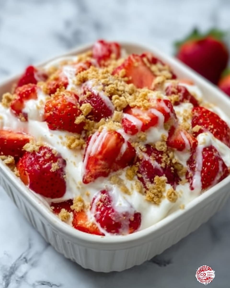 A white bowl filled with a layered dessert showing fresh, bright red strawberries cut into pieces on top. Underneath, there is a layer of white cream with a smooth texture, and another layer with small, crumbly pieces of golden-brown crumbs scattered unevenly over the cream and strawberries. The strawberries and crumbs cover the creamy layer fully, adding color and texture contrast. The whole dessert looks fresh and inviting, placed on a white marbled surface. Photo taken with an iphone --ar 4:5 --v 7