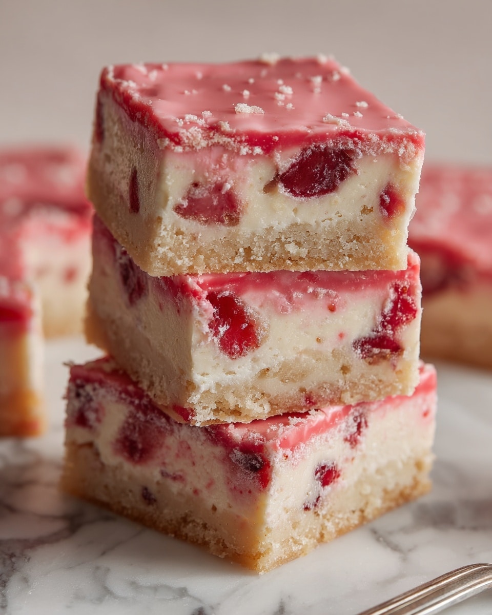 A close-up image of a stack of four chunky blondie squares arranged one on top of another on a white marbled surface, each blondie square having a dense, crumbly light beige base filled with bright red berry pieces, with a thin layer of smooth pale pink icing draped over the top of each square. The texture of the blondies looks moist and slightly crumbly, with the berries dispersed unevenly inside. The overall colors are light cream, pink, and red, creating a soft and inviting look. Photo taken with an iphone --ar 4:5 --v 7