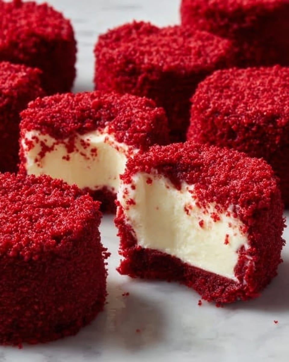 The image shows small, round red velvet cakes with crumbly red tops. Each cake has a bright red outer layer made of soft crumbs, covering a creamy white filling inside. One cake is cut open, showing the smooth, thick, and creamy white center with a rough red crumb shell all around it. The cakes are placed close together on a white marbled surface, giving a clean and fresh look. Photo taken with an iphone --ar 4:5 --v 7
