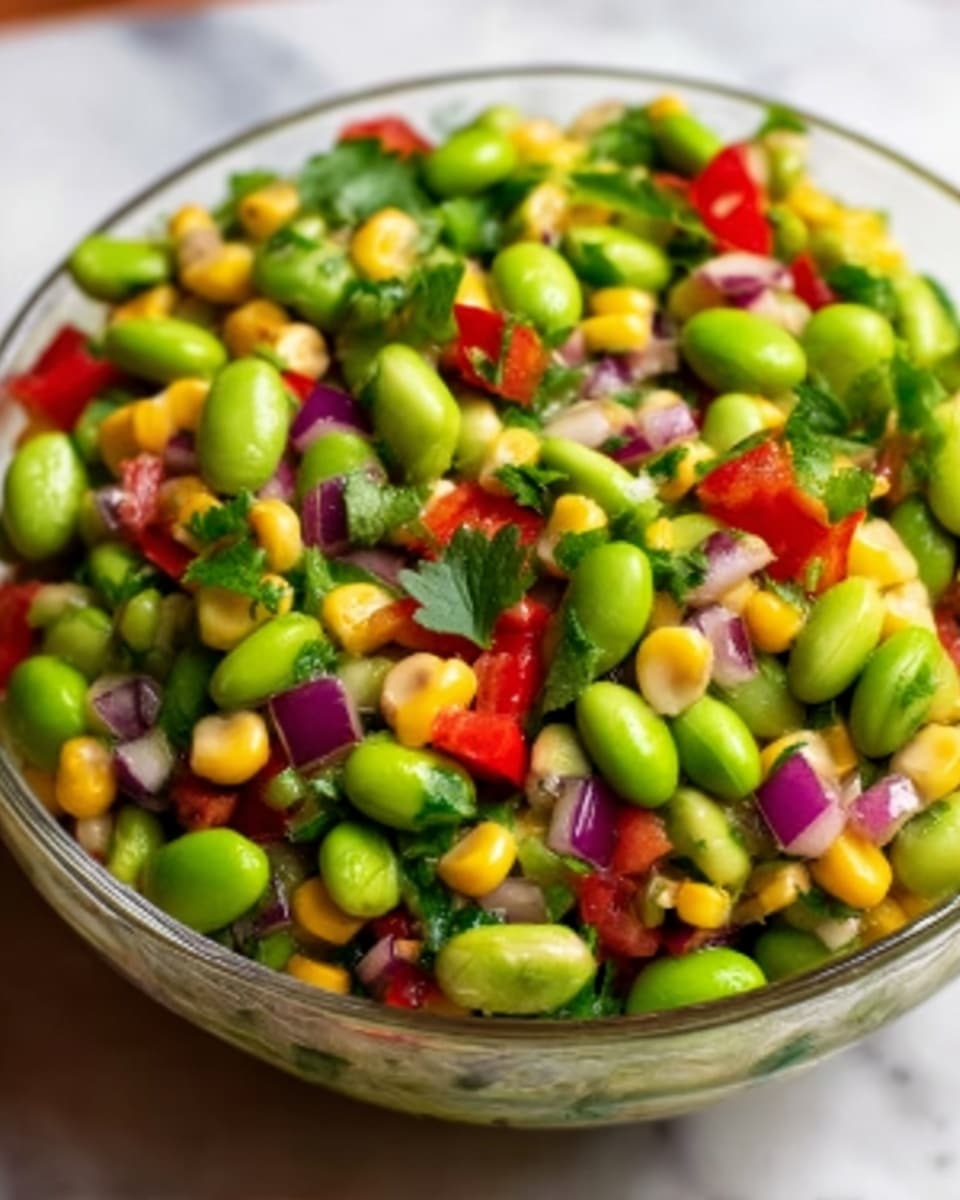 A clear white bowl filled with a colorful salad made of several layers: bright green edamame beans, yellow corn kernels, small red bell pepper pieces, diced purple onions, and bits of green cilantro mixed evenly throughout. The salad looks fresh and vibrant with a mix of smooth and slightly rough textures, sitting on a white marbled surface. The focus is close up to show the details and colors of the ingredients. Photo taken with an iphone --ar 4:5 --v 7