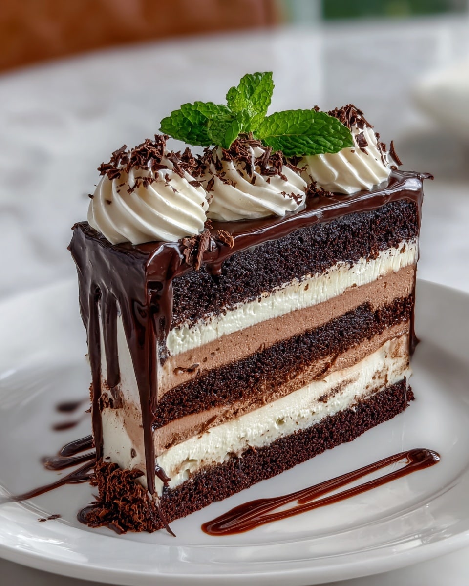 A three-layer chocolate cake slice sits on a white plate with a white marbled surface underneath. The bottom layer is a thick dark chocolate cake, followed by a smooth milk chocolate cream layer, then a lighter layer of white cream. This pattern repeats with another dark chocolate cake layer topped by white cream, completing the middle section. The top is a thick, glossy dark chocolate ganache that drips down the sides. On top, there are three swirls of white whipped cream sprinkled with dark chocolate shavings, and a fresh green mint leaf adds a pop of color. A small amount of chocolate sauce is smeared artistically on the plate by the cake. Photo taken with an iphone --ar 4:5 --v 7