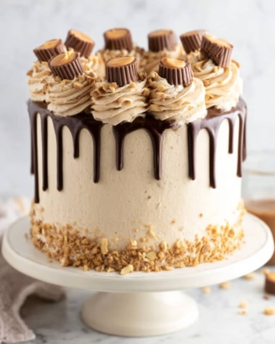 A tall cake with smooth, pale beige frosting covering all sides sits on a white cake stand, placed on a white marbled surface. Dark chocolate drips evenly down from the top edge, forming thin streaks over the light frosting. On top, there are swirls of light beige whipped cream evenly spaced around the edge, each topped with a small peanut butter cup and sprinkled with crushed nuts and crumbs. The sides of the cake appear round and smooth, showing about three layers inside faintly under the frosting. photo taken with an iphone --ar 4:5 --v 7