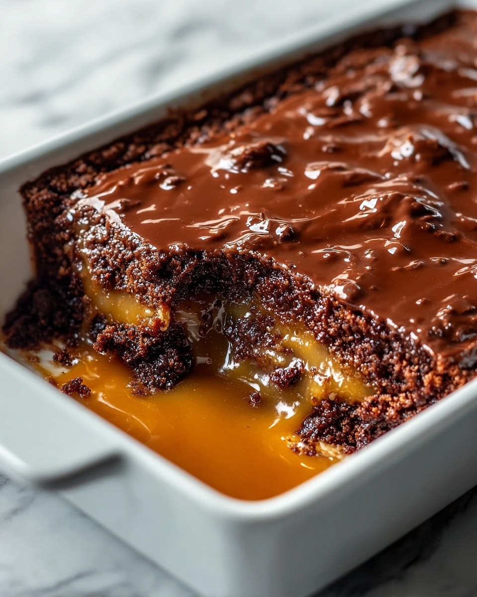 The image shows a dessert in a white rectangular dish with three visible layers. The top layer is a shiny, melted chocolate layer that covers the surface unevenly, with slight ridges and glossy spots. Below it is a crumbly, dark brown cake layer, thick and moist, with an irregular rough texture. The bottom layer is a thick, sticky caramel layer with a rich amber color, seen flowing slightly where a piece has been cut out. The dish sits on a white marbled surface, enhancing the dessert's warm and rich colors. Photo taken with an iphone --ar 4:5 --v 7