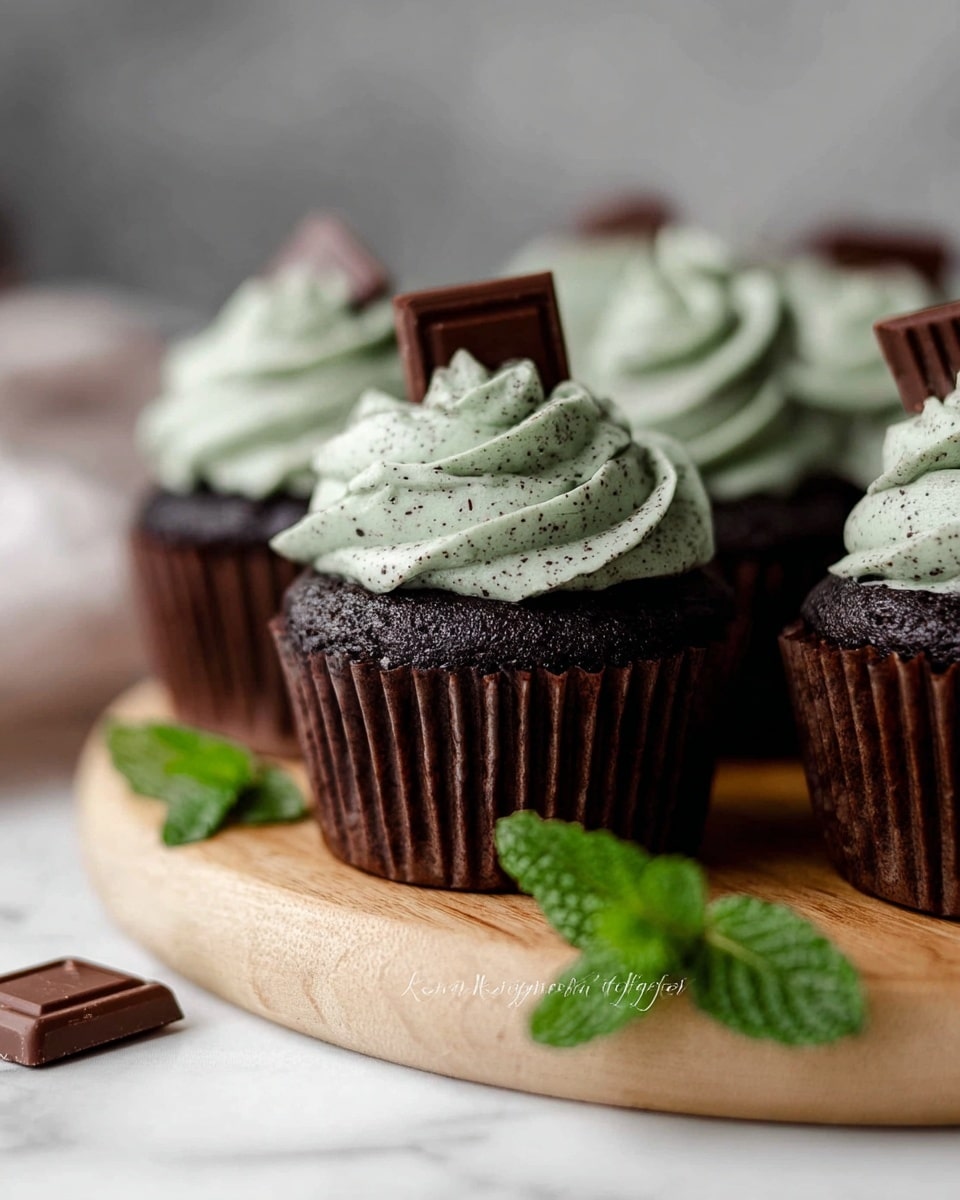 The image shows a close-up of chocolate cupcakes with one cupcake in the center in sharp focus. Each cupcake has a dark chocolate base with a matte texture, and they are wrapped in dark brown ridged paper liners. On top, there is a thick swirl of light green frosting speckled with tiny dark bits, giving it a textured look. A small square of milk chocolate is placed in the frosting on each cupcake. The cupcakes are arranged on a round light wood board which sits on a white marbled texture surface. In front of the board, there are two fresh green mint leaves with detailed veins. The photo taken with an iphone --ar 4:5 --v 7