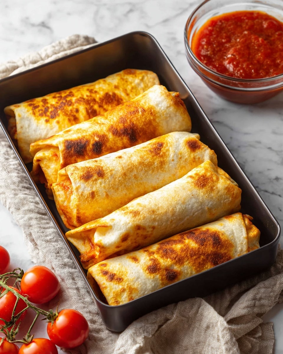A dark rectangular baking tray filled with six golden-brown folded burritos stacked close together, each burrito showing a slightly crispy textured surface with darker toasted spots. The burritos are tightly wrapped in soft light brown tortillas with hints of the reddish-orange filling peeking out at the edges. The tray rests on a white marbled surface with a light beige cloth partially tucked under it. In the background to the right, there is a clear glass bowl filled with rich red marinara sauce, and in the foreground, a bunch of bright red cherry tomatoes adds vibrant color. Photo taken with an iphone --ar 4:5 --v 7