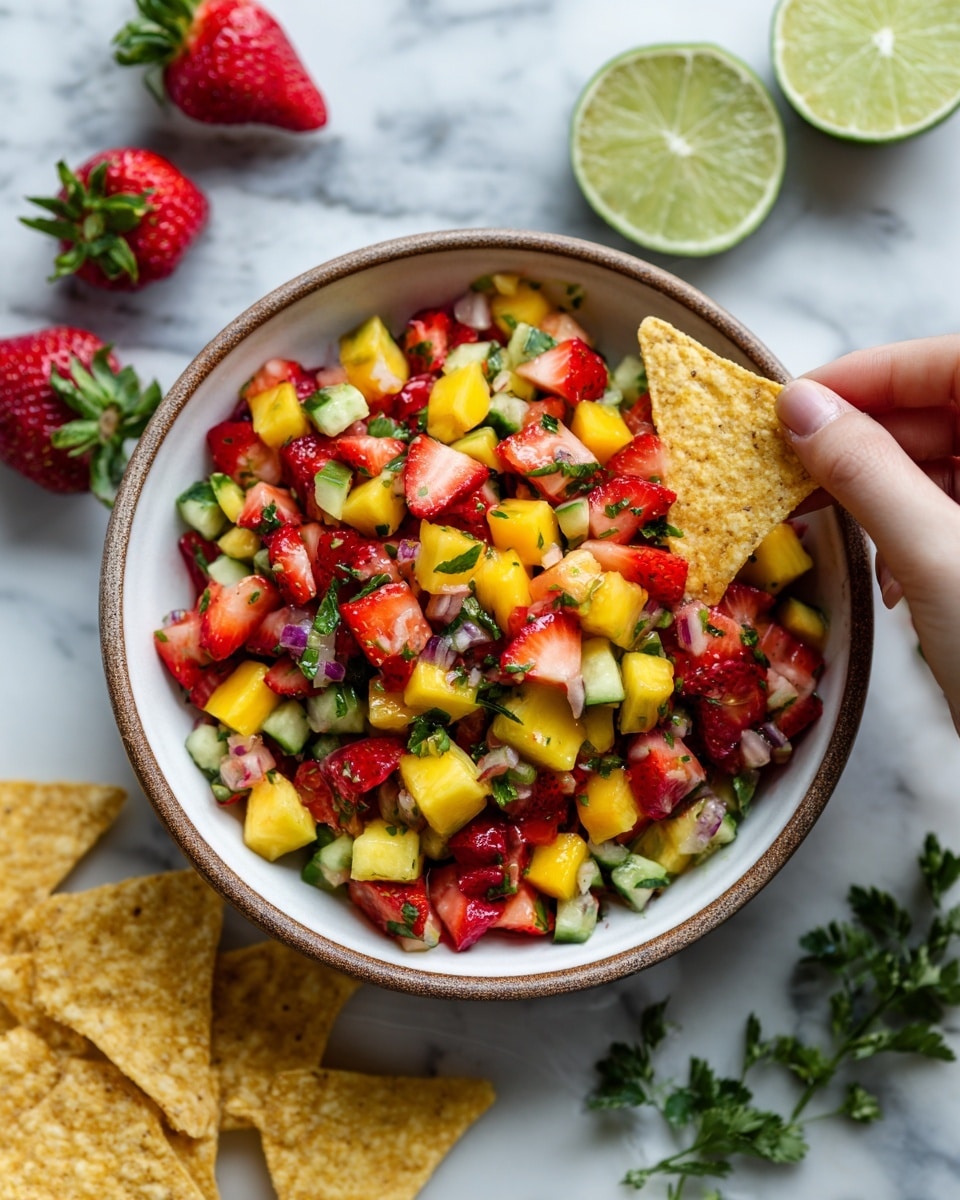 A white bowl filled with a colorful salsa-like mix consisting of finely chopped bright yellow mango pieces, red strawberries, green herbs, red bell peppers, and small bits of red onion, all mixed evenly. A woman's hand is holding a white tortilla chip dipped into the salsa on the right side. Around the bowl, there are scattered white tortilla chips, whole strawberries, a halved lime, and a white marbled surface underneath everything. photo taken with an iphone --ar 4:5 --v 7