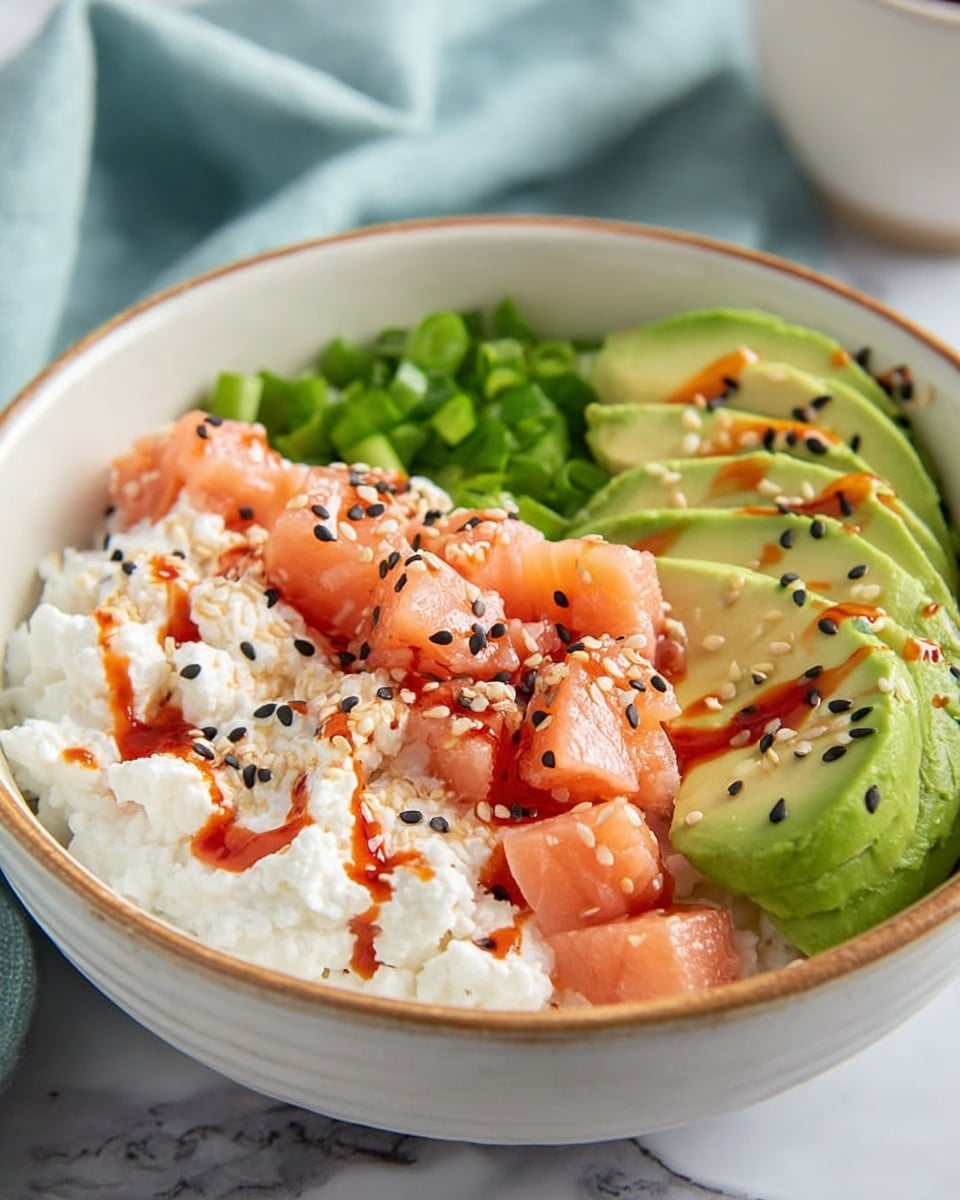 A white bowl filled with four main sections: the bottom layer is white cottage cheese with a soft, crumbly texture; on top of that, there are small cubes of pink salmon drizzled with red hot sauce and sprinkled with black and tan seeds; to the right, bright green avocado slices with a smooth, creamy texture, sprinkled with black sesame seeds; and at the back, chopped green vegetables that look fresh and crisp. The background is a white marbled texture, with a soft blue cloth and white bowl in the blurred background. Photo taken with an iphone --ar 4:5 --v 7