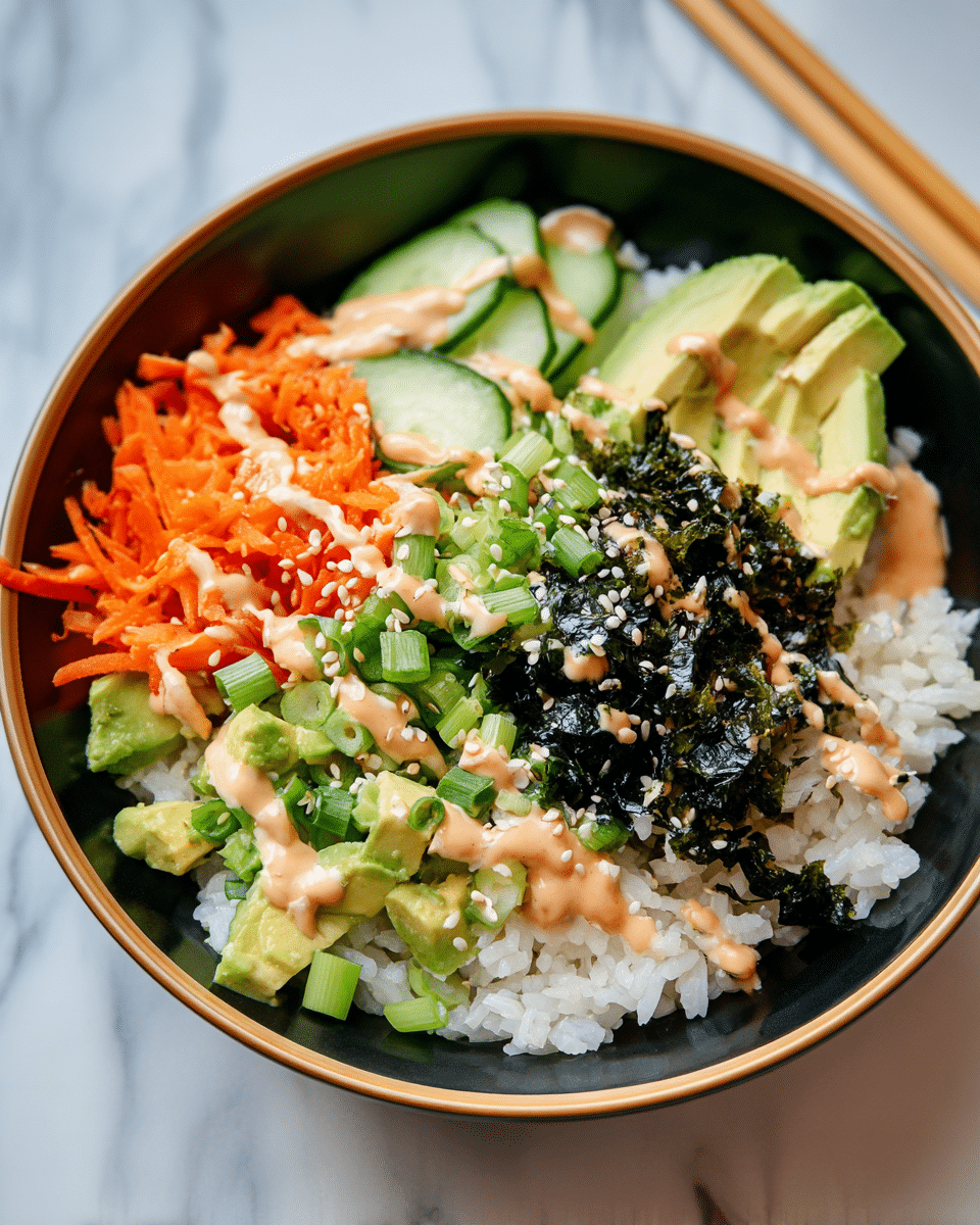 A black bowl with a thin gold rim holds a colorful poke bowl with four main layers arranged in sections on top of a base of white rice; starting from the left, there are bright orange shredded carrots, next to light green thinly sliced cucumber, then diced avocado with green onions and white sesame seeds sprinkled on top, and in the center, dark green seaweed pieces with a light tan creamy sauce drizzled over all the toppings. The bowl is placed on a surface with a white marbled texture, and a pair of wooden chopsticks rests nearby. photo taken with an iphone --ar 4:5 --v 7
