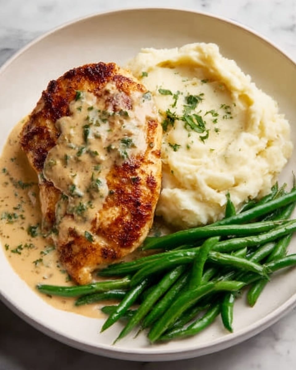A white plate holds a serving of crispy, golden-brown chicken breast on the left side, covered partially with a light brown creamy sauce with green herb bits. In the middle, there is a thick layer of creamy mashed potatoes, smooth and slightly textured with small specks of herbs on top. On the right side, bright green cooked green beans are neatly arranged in a small pile, looking fresh and tender. The plate sits on a white marbled surface. Photo taken with an iphone --ar 4:5 --v 7