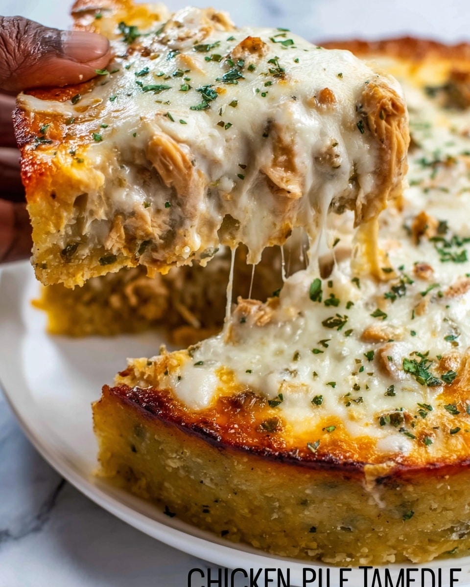 The image shows a close-up of a chicken tamale pie on a white plate using a white marbled surface as background. The pie has two visible layers: the bottom layer is a greenish-yellow tamale filling speckled with herbs and chunks of chicken, appearing soft and moist, while the top layer is a thick, bubbly melted white cheese with browned spots and sprinkled green herbs. A woman's hand is lifting a slice, causing melted cheese to stretch between the main pie and the slice. The textures are creamy and cheesy on top with a dense, hearty filling beneath. Photo taken with an iphone --ar 4:5 --v 7