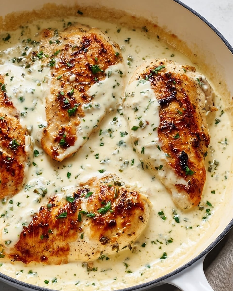 The image shows four golden-brown grilled chicken breasts partly covered with a thick, creamy white sauce inside a white skillet. The chicken has a slightly crispy texture with small grill marks and is sprinkled with small green herb pieces scattered on top of the sauce and chicken. The white sauce looks smooth and rich, filling the skillet around the chicken. The skillet rests on a white marbled surface with a soft light highlighting the creamy textures and warm colors. photo taken with an iphone --ar 4:5 --v 7