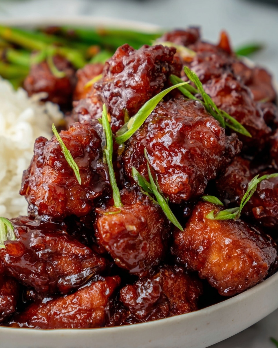 The image shows a close-up of sticky glazed chicken pieces, each coated in a rich, dark reddish-brown sauce with a shiny, slightly thick texture. The chicken pieces are piled together in the center, with light green chopped scallions sprinkled on top, adding contrast and freshness. In the background, a white bed of rice is partially visible on the left side, while some green vegetables can be seen faintly behind the chicken. The dish is placed in a white bowl sitting on a white marbled surface. The overall look is warm and appetizing with a focus on the glossy chicken. photo taken with an iphone --ar 4:5 --v 7