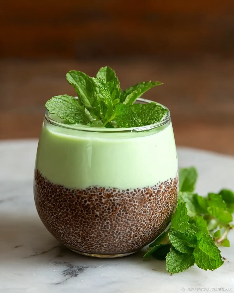 A clear round glass shows two layers: the bottom layer is a thick, dark brown chia pudding with visible small seeds and a slightly textured surface, filling about half of the glass; the top layer is a smooth, pale green creamy mixture that covers the chia pudding completely and rises almost to the rim. On top, fresh green mint leaves rest as a garnish. The glass sits on a white marbled surface with fresh mint sprigs nearby. Photo taken with an iphone --ar 4:5 --v 7