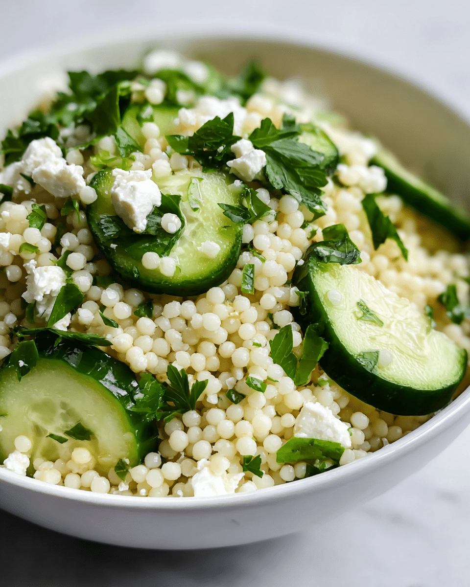 A white bowl filled with a couscous salad, showing multiple layers and textures. The base layer consists of small, round, white couscous pearls that have a soft and slightly shiny texture. Mixed throughout are vibrant green cucumber slices, cut into thick semi-circles with a smooth, moist surface and visible seeds inside. Scattered on top and throughout the salad are small pieces of fresh chopped parsley, adding bright green color and leafy texture. On top of the couscous and cucumber layers are little chunks of creamy white feta cheese, with a crumbly texture and slight gloss. The whole dish sits on a white marbled surface. photo taken with an iphone --ar 4:5 --v 7
