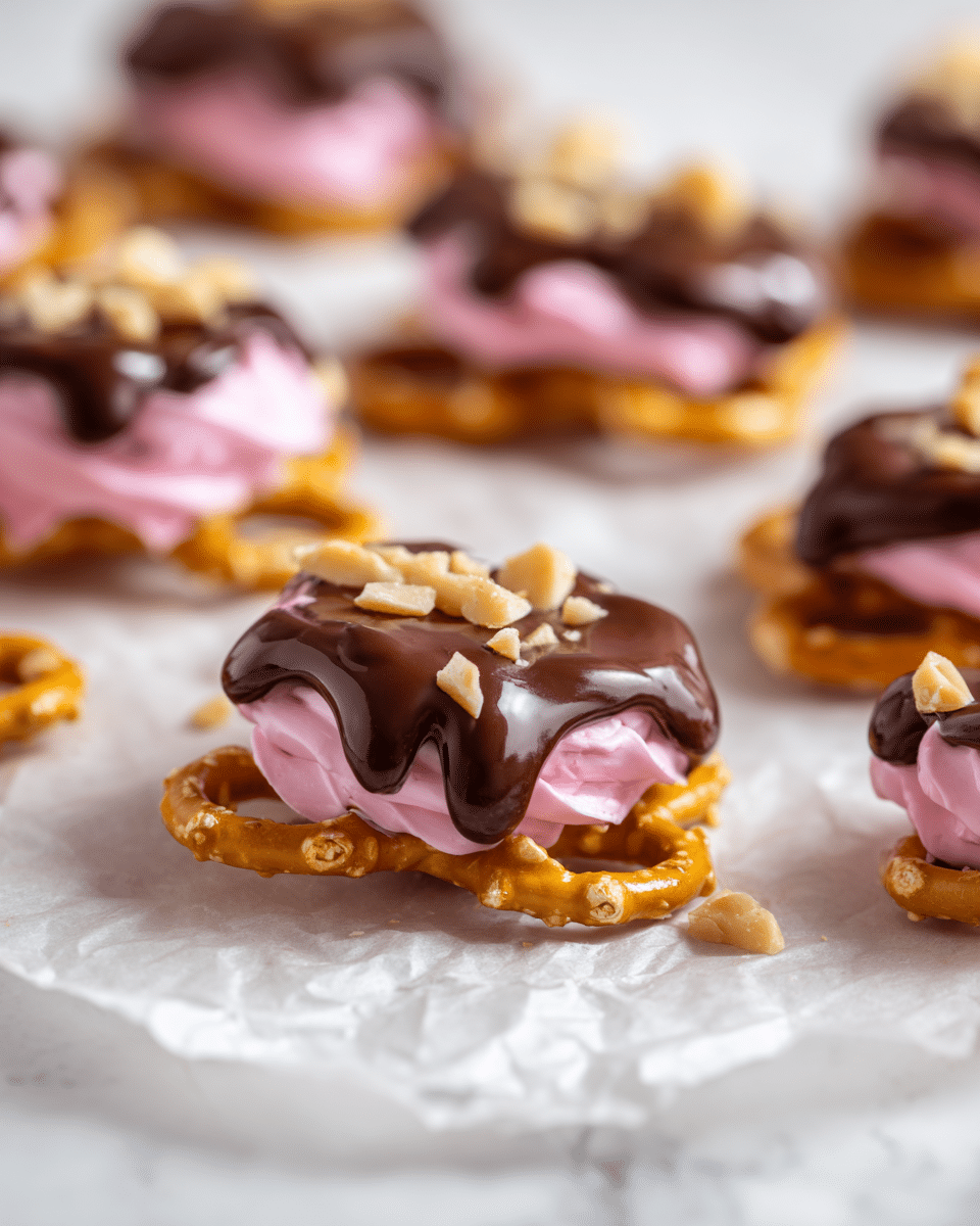 The image shows a close-up of several pretzel snacks on lightly crinkled parchment paper against a white marbled background. Each snack has three layers: a crunchy golden-brown pretzel base in a twisted shape, topped with a layer of smooth pink creamy filling, mostly covered on one side with glossy, dark chocolate coating that drips slightly over the edges. Small chunks of pale beige nuts are sprinkled on top of the chocolate, adding texture and contrast. The snacks are scattered unevenly, with clear focus on the front and gentle blur toward the back. Photo taken with an iphone --ar 4:5 --v 7