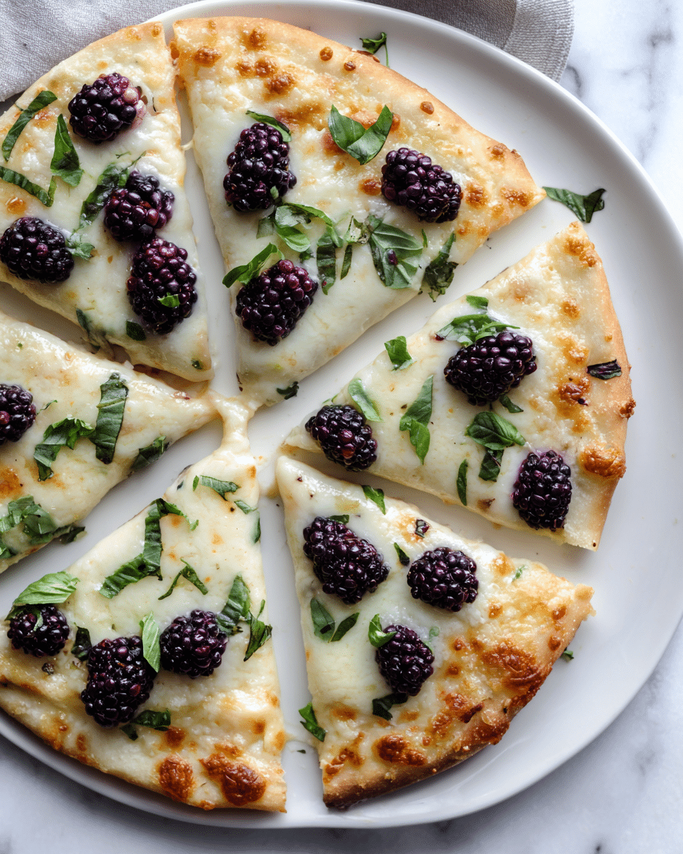 The image shows a close-up of a pizza cut into six slices on a white plate, placed on a white marbled surface. The pizza has a thin golden crust with a slightly crispy edge. The base is covered in melted white cheese, creating a smooth creamy layer. Scattered on top are fresh blackberries, dark purple and plump, adding texture and a burst of color. Bright green basil leaves are evenly spread across the pizza, adding a touch of freshness. The light shines softly, highlighting the bubbling cheese and making the blackberries look juicy. Photo taken with an iphone --ar 4:5 --v 7