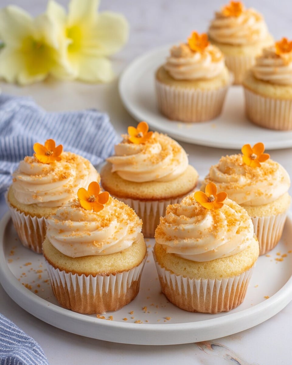 Seven vanilla cupcakes are arranged on a white round plate set on a white marbled surface. Each cupcake has one layer of light golden sponge with white paper liners, topped with one thick swirl of creamy pale orange frosting. The frosting is decorated with small orange edible flowers placed on top, along with a light dusting of orange crumbs. In the background, three more cupcakes sit on another white round plate, slightly out of focus, and a soft yellow flower is visible next to a blue and white striped cloth. Photo taken with an iphone --ar 4:5 --v 7
