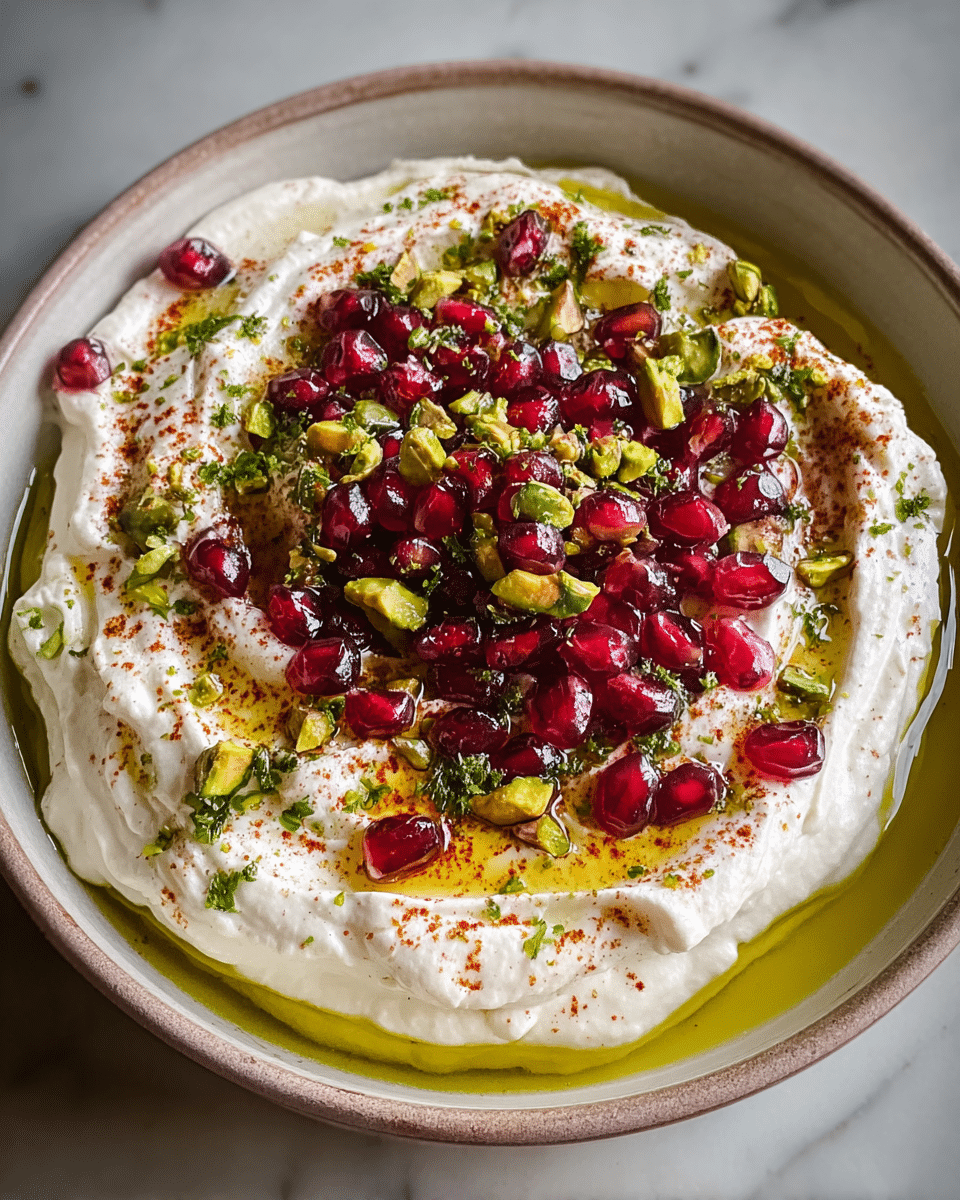 A shallow bowl holds a creamy white spread as the first layer, with a soft, whipped texture that covers the base and is swirled inward to create small ridges. The second layer is a drizzle of golden olive oil pooling gently on top of the cream. At the center, a generous pile of shiny red pomegranate seeds mixed with bright green pistachio pieces forms a vibrant middle layer, adding color and texture contrast. Scattered over the entire dish are tiny green herb bits and a light dusting of reddish spices, adding fine details over the white cream. The bowl rests on a white marbled surface, and the photo is captured with a natural light that highlights the richness of the colors and textures. photo taken with an iphone --ar 4:5 --v 7