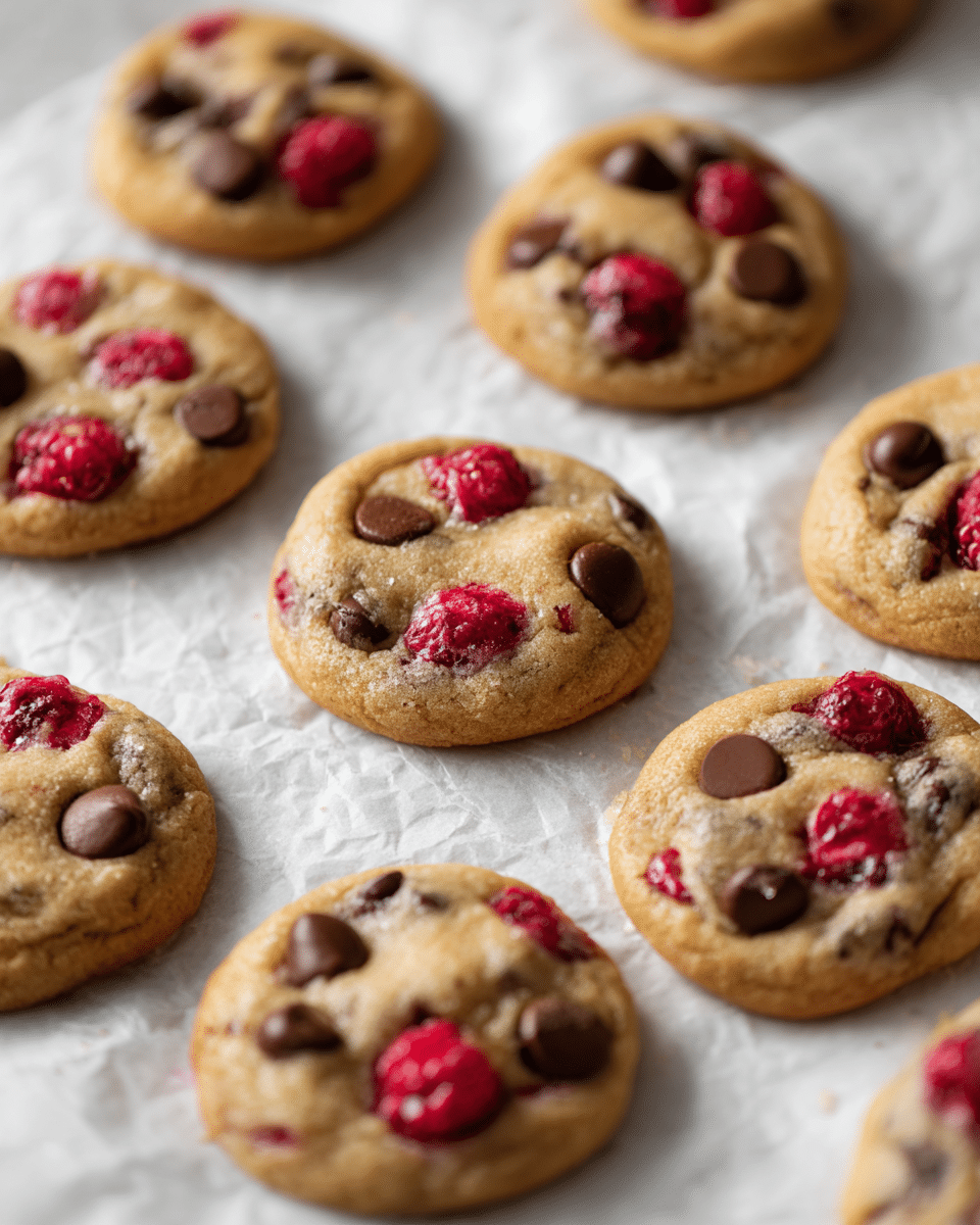 The image shows round, golden brown cookies scattered on crinkled white parchment paper over a white marbled surface. Each cookie has several visible layers with a soft, slightly cracked texture as the base, studded with dark brown chocolate chips and bright red raspberries that add pops of color and texture. The chocolate chips are slightly melted and glossy, while the raspberries appear fresh and juicy, some slightly embedded in the cookie dough. The cookies are arranged closely but not stacked, with a natural, rustic look. The background and surface are softly blurred to keep focus on the cookies. photo taken with an iphone --ar 4:5 --v 7
