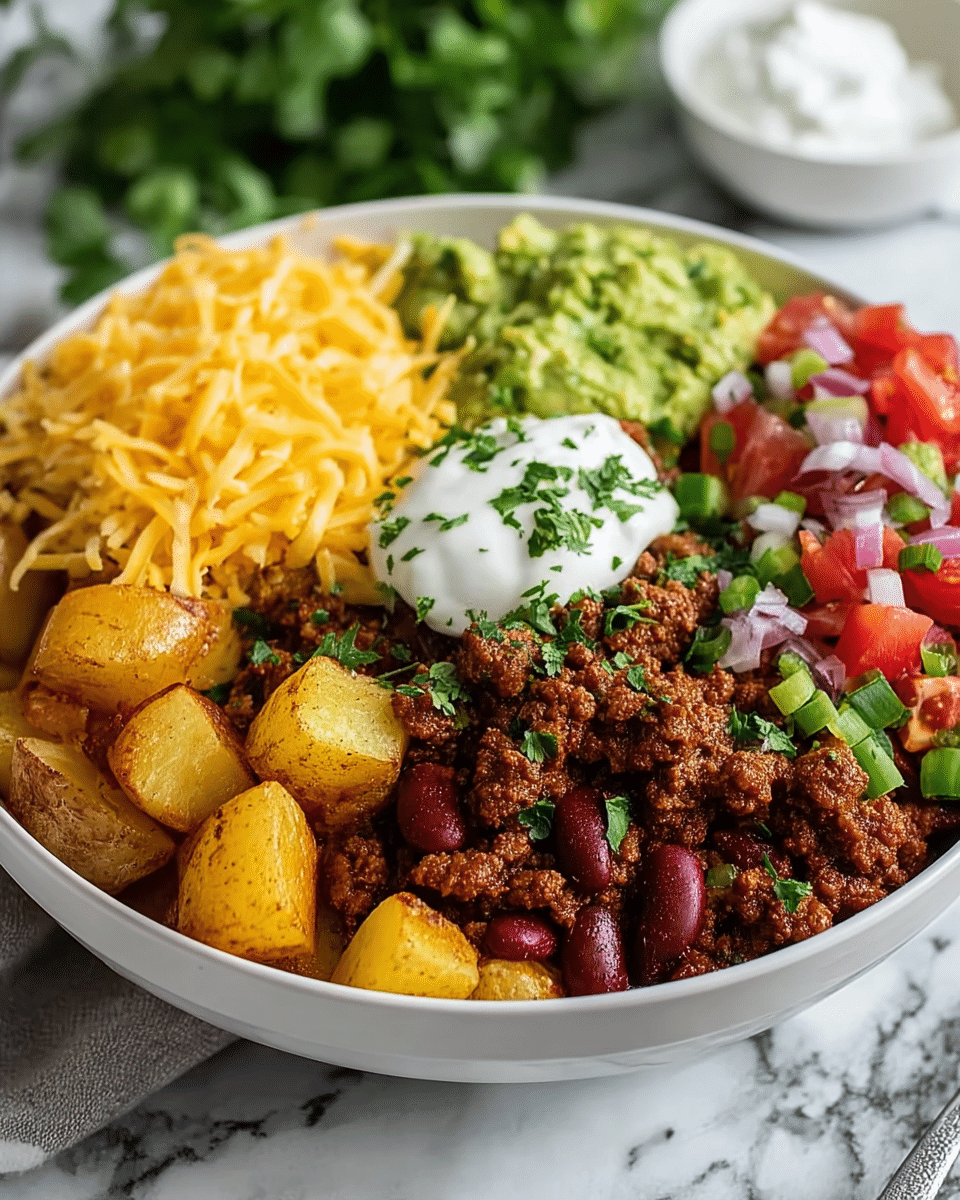 A white bowl filled with several colorful layers arranged in sections: at the base, there are golden roasted potato chunks, topped by a generous layer of dark brown cooked ground meat mixed with red kidney beans. On one side, there is a pile of bright green mashed avocado, next to it a mound of shredded yellow cheddar cheese, followed by a spoonful of white sour cream garnished with chopped green herbs in the center. Opposite to the avocado, there is a fresh mix of diced red tomatoes, purple onions, and green scallions. The bowl is placed on a white marbled surface with a blurred white bowl and greenery in the background. photo taken with an iphone --ar 4:5 --v 7