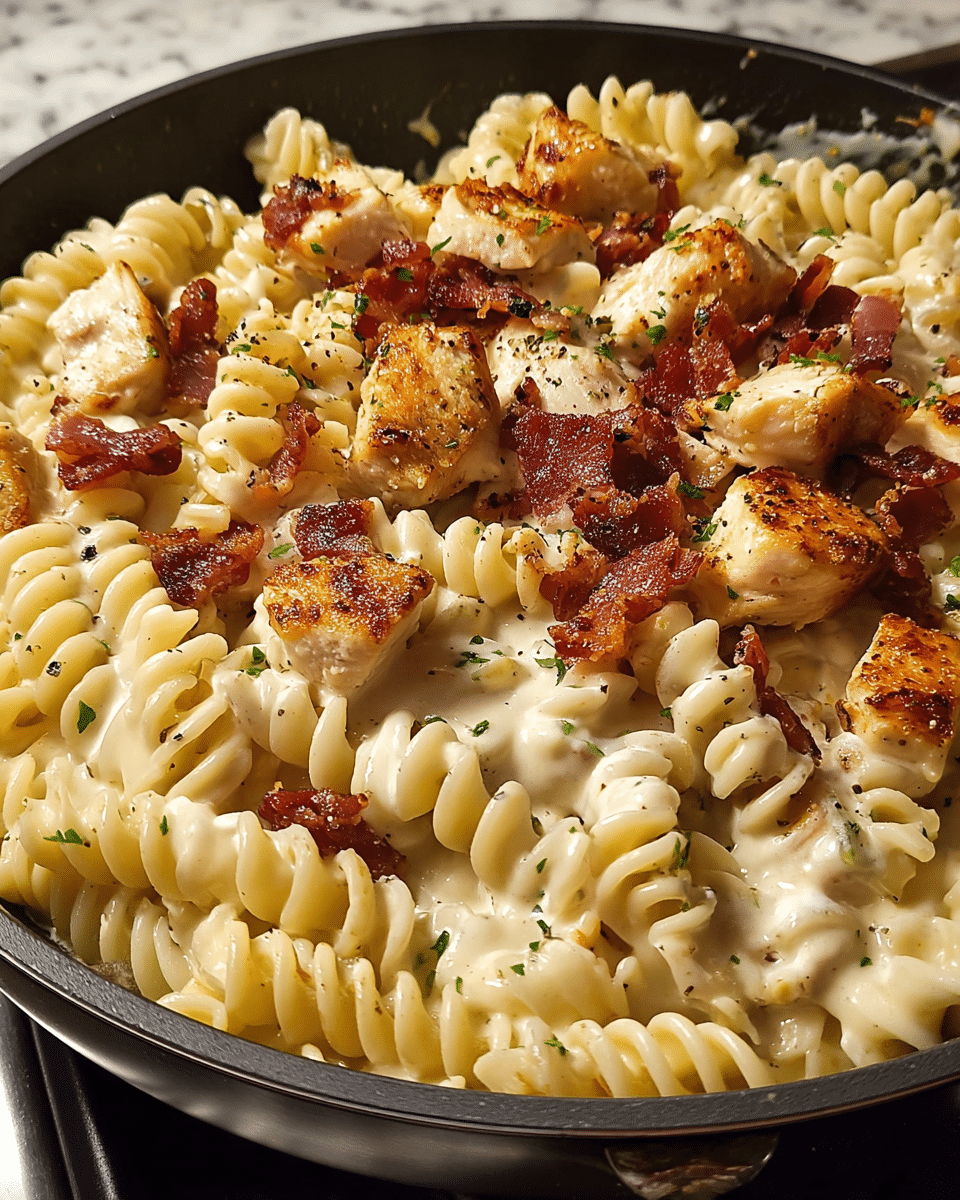A close-up view of a skillet filled with creamy pasta featuring three main layers: at the bottom, spiral rotini pasta in a pale yellow color with a soft texture; in the middle, a smooth, light cream sauce coating the pasta evenly, giving a shiny appearance; on top, several pieces of golden-brown grilled chicken chunks and crispy, curled bacon strips scattered over the pasta, sprinkled with small green herbs and black pepper flakes for garnish. The skillet is black and sits on a stove with a white marbled textured surface in the background. photo taken with an iphone --ar 4:5 --v 7