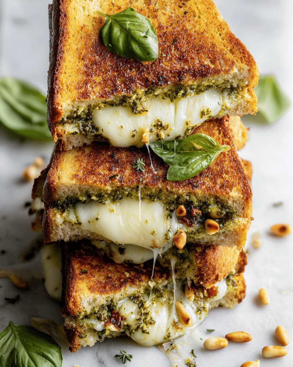 A close-up view of four triangular grilled cheese sandwiches stacked on a white marbled surface, each sandwich showcasing two golden-brown toasted bread slices with a crispy texture. The sandwiches have a thick inner layer of melted white cheese stretching out, mixed with a green pesto spread that contains visible bits of pine nuts and sun-dried tomato pieces, adding rich texture and color contrast. Fresh bright green basil leaves garnish the top sandwich, while scattered pine nuts and small bits of pesto decorate the surrounding white marble. The overall look is warm, gooey, and inviting. photo taken with an iphone --ar 4:5 --v 7