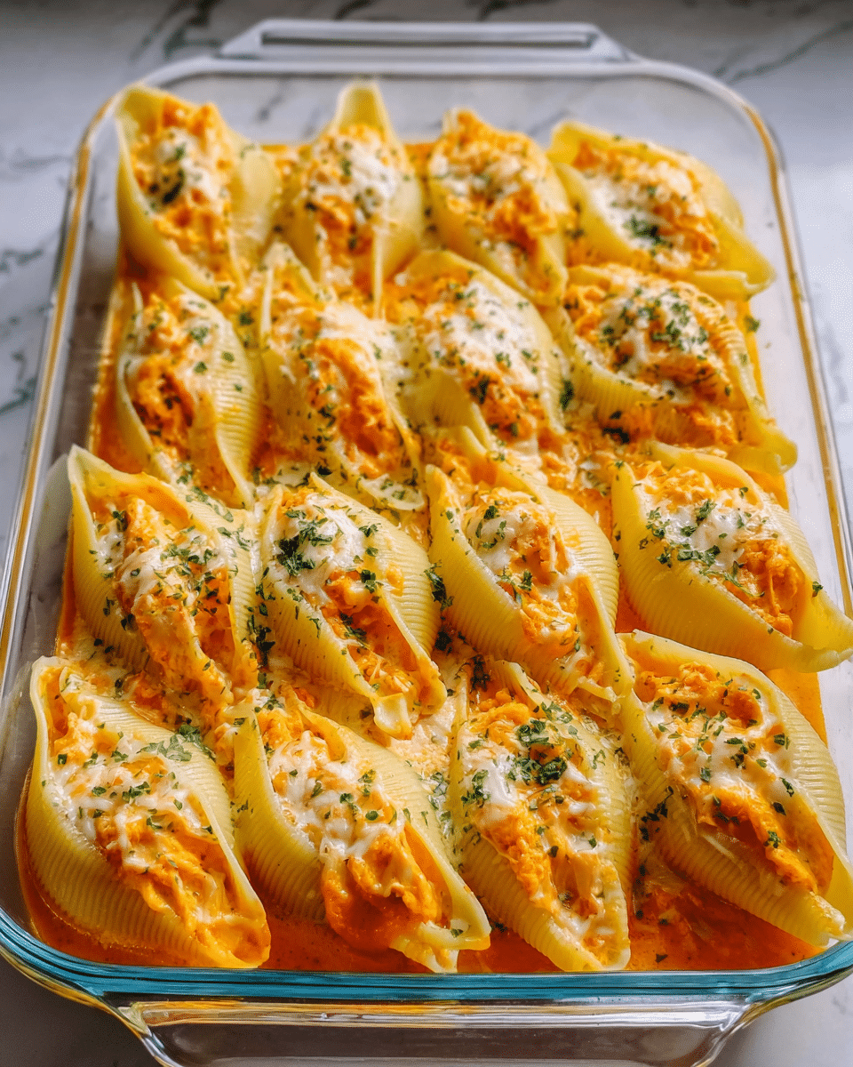 The image shows a clear white rectangular glass dish filled with large pasta shells arranged in neat rows. Each shell is stuffed with a creamy orange filling topped with a melted light orange cheese layer, sprinkled with green herbs on top. The dish is placed on a white marbled surface, highlighting the soft textures and warm colors of the pasta. Photo taken with an iphone --ar 4:5 --v 7