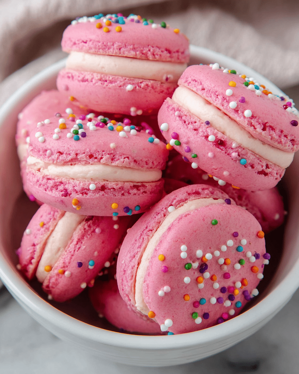 A white bowl filled with six bright pink macarons, each with two smooth, round shells and a thick layer of pale pink cream filling in the middle. The top shells of the macarons are decorated with tiny, colorful round sprinkles in colors like white, yellow, green, orange, purple, and blue. The macarons have a slightly rough edge texture between the shells and the creamy filling. The bowl is placed on a white marbled surface. photo taken with an iphone --ar 4:5 --v 7