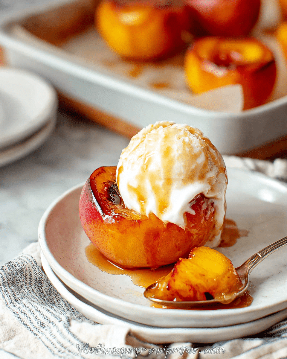 The image shows a close-up of a dessert with one peach half as the base, its golden-orange flesh softened and slightly caramelized. On top of the peach half lies a scoop of creamy white vanilla ice cream, melting gently onto the fruit, with golden caramel sauce drizzled over the ice cream and peach. A small spoon beside the peach holds a bite-sized piece of the fruit. The dessert is placed on a white bowl with a soft striped cloth underneath, and a tray of more baked peach halves blurred in the background resting on a white marbled surface. The scene has warm, inviting tones. Photo taken with an iphone --ar 4:5 --v 7