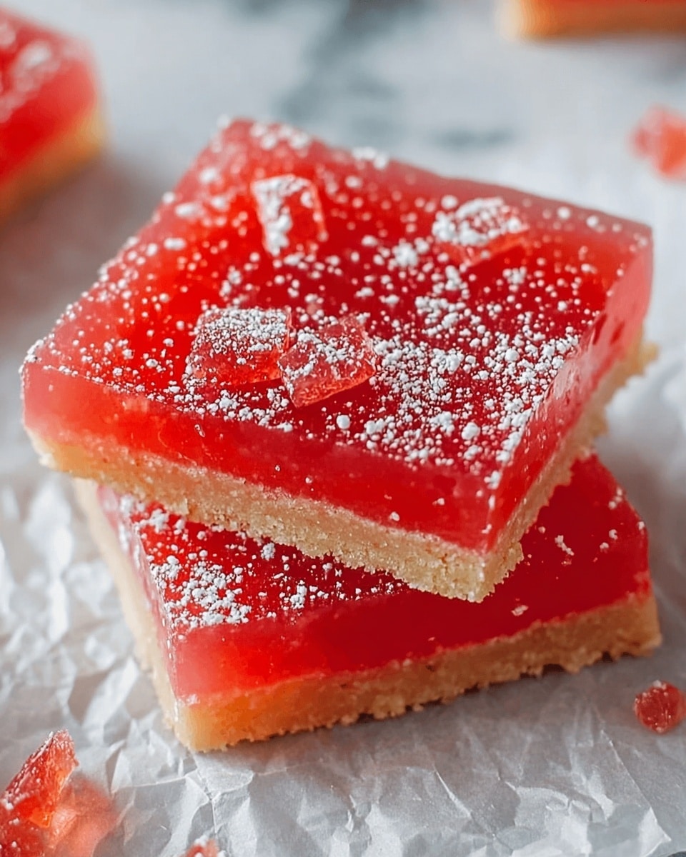 Two square jelly-like red dessert bars are stacked slightly on top of each other on crinkled white parchment paper, which rests on a white marbled surface. Each bar has two layers: a translucent, glossy, bright red top layer with a smooth gumdrop-like texture and small pieces of jelly scattered on it, and a thin tan bottom layer that looks like a soft biscuit base. The top layer is dusted with a light sprinkling of white powdered sugar, adding a soft contrast. There are a few jelly crumbs around the bars on the parchment. photo taken with an iphone --ar 4:5 --v 7