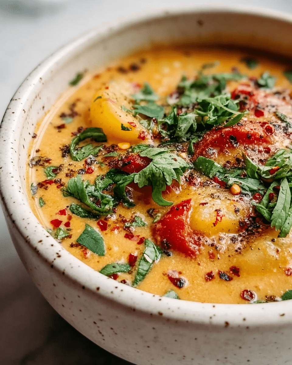 The image shows a close-up of a white speckled bowl filled with a thick, creamy soup that has a warm golden color with soft, tender yellow chunks and visible slices of red pieces, likely tomatoes or red peppers. The surface of the soup is dotted with fresh green herb leaves, possibly cilantro or parsley, and sprinkled with small red chili flakes and a fine powder of spices, adding texture and color contrast. The bowl is placed on a white marbled textured surface, enhancing the overall warm and rustic look of the dish. photo taken with an iphone --ar 4:5 --v 7