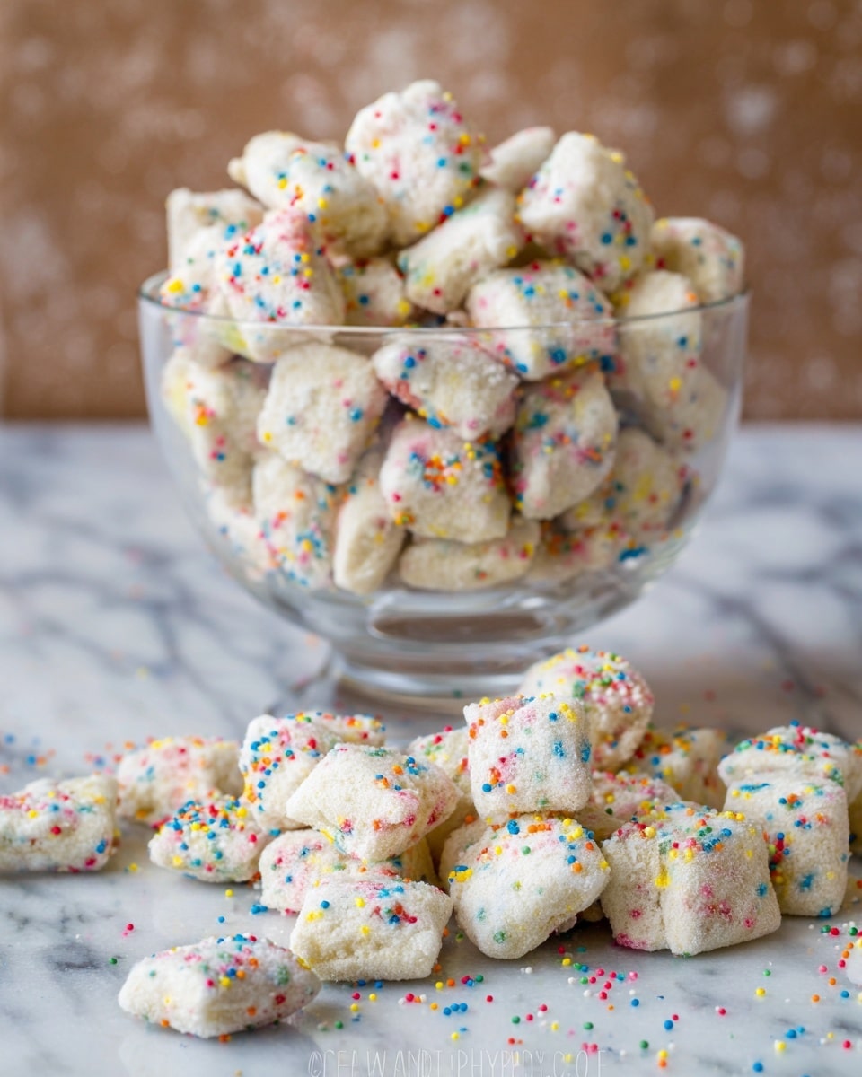 The image shows a clear glass bowl filled with small, bite-sized square snacks coated in a light white powder with many tiny, colorful round sprinkles in red, yellow, blue, green, and orange. In front of the bowl, some of these coated squares are scattered on a surface with a white marbled texture, appearing soft and crumbly with a sweet coating. The colors and texture of the sprinkles contrast with the pale white base of the snack pieces, making them look festive and playful. photo taken with an iphone --ar 4:5 --v 7