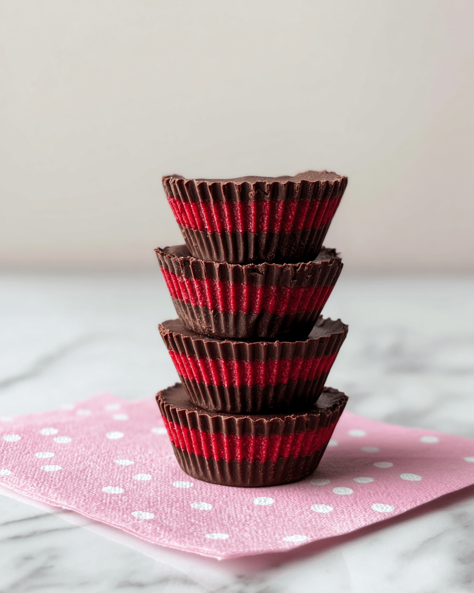 A stack of four small chocolate cups is shown, each with three layers: a dark brown, smooth textured chocolate base, a bright red, slightly rough textured berry layer in the middle, and a dark brown chocolate top with a ridged edge. The cups are placed one on top of the other, slightly leaning. They rest on a light pink napkin with white polka dots, which lies on a white marbled surface. The background is plain and softly lit. Photo taken with an iphone --ar 4:5 --v 7