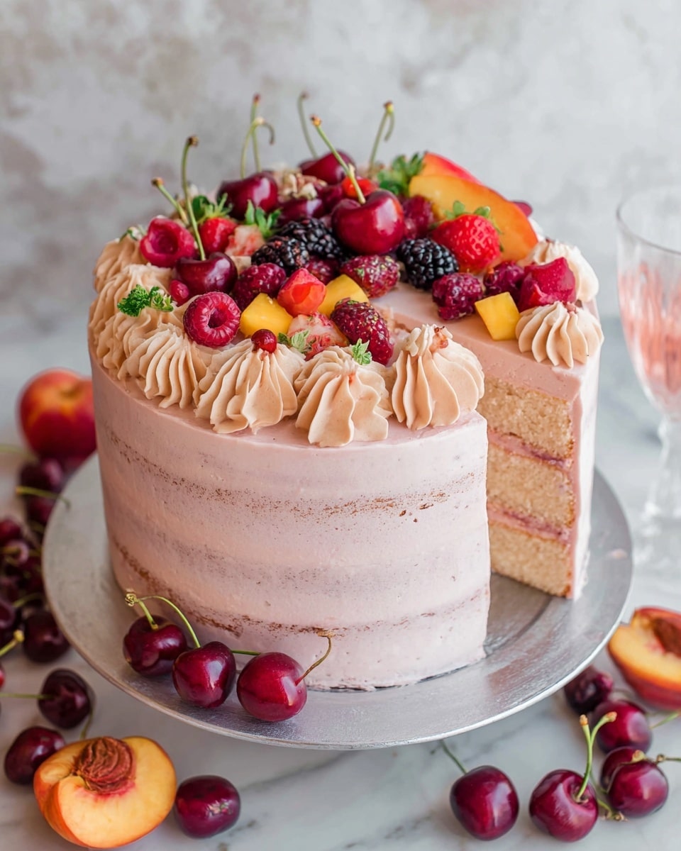 A light pink frosted round cake with three visible layers of sponge and cream, showing a semi-naked style where the cake layers peek through the thin frosting. On top, one half of the cake is decorated with a mix of fresh fruits including red cherries, blackberries, raspberries, strawberries with green tops, and small pieces of yellow peach. Around the fruit, there are swirls of light peach-colored cream piped in decorative peaks. The cake sits on a round metal stand placed on a white marbled surface, with scattered cherries and berries around it. Photo taken with an iphone --ar 4:5 --v 7