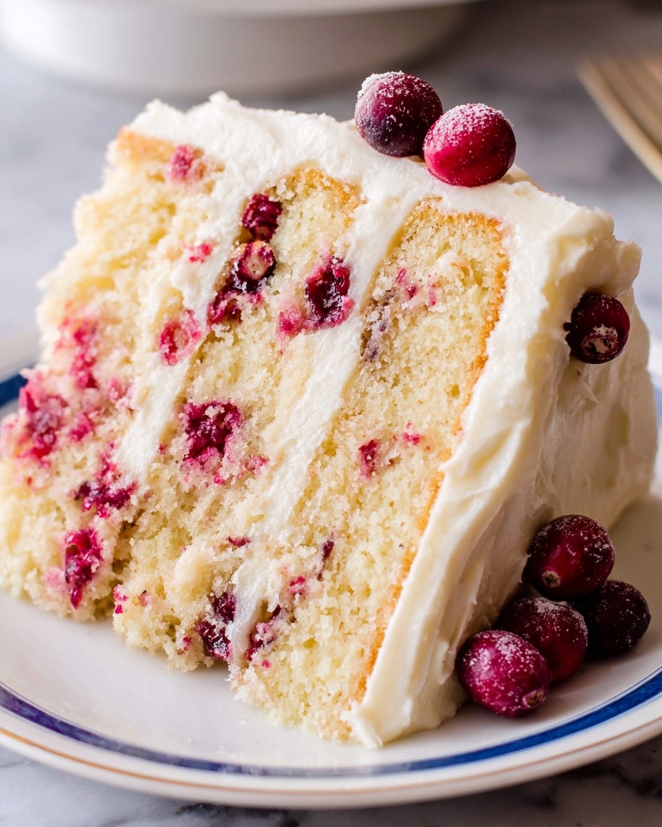A slice of a three-layer vanilla cake with visible bits of red cranberries mixed inside the light and fluffy cake layers, showing a soft crumb texture; the layers are separated and coated on the sides and top with smooth white buttercream frosting that looks creamy and thick, with a few whole red cranberries placed on the side of the frosting. The cake slice sits on a white plate with a thin blue rim, and the background is a white marbled texture. photo taken with an iphone --ar 4:5 --v 7