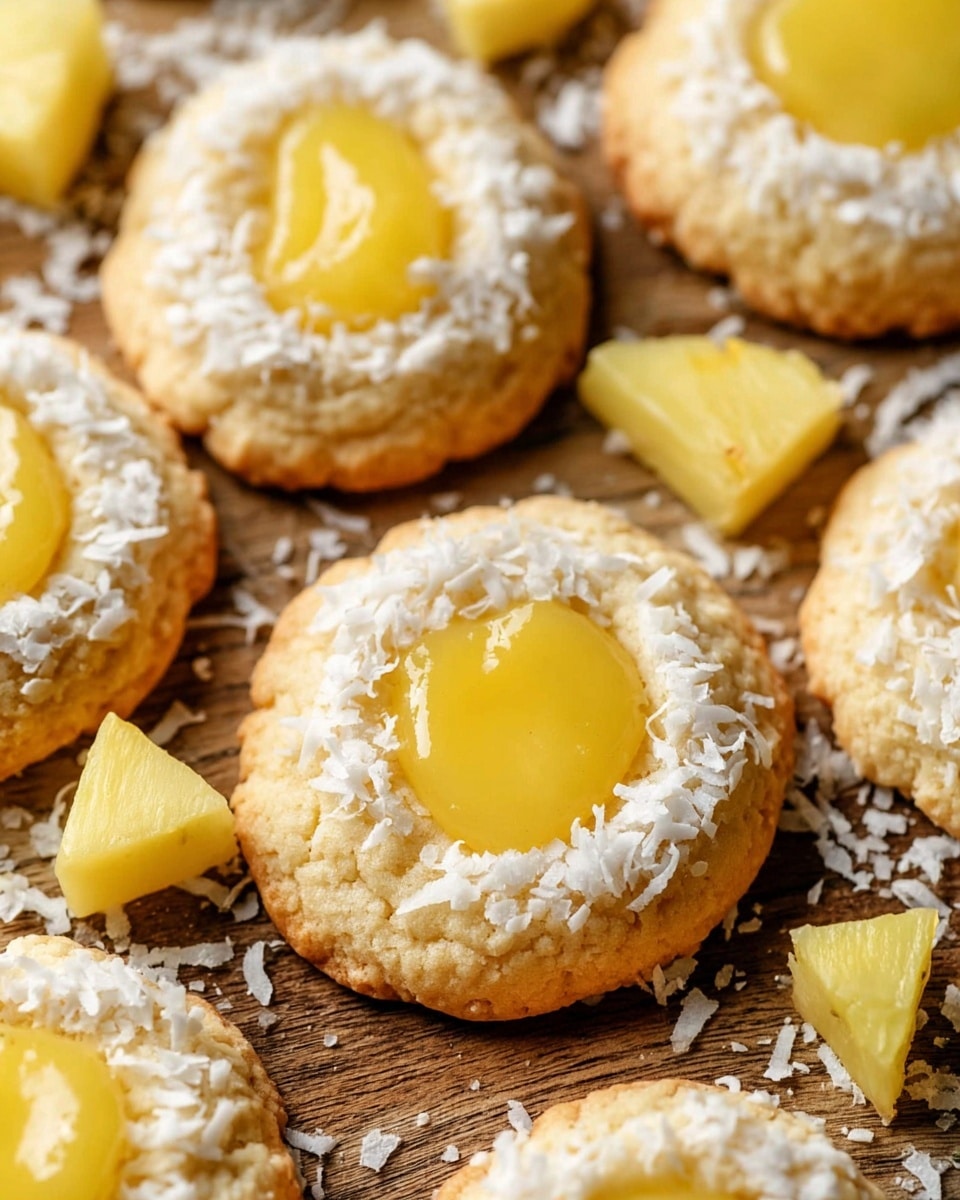 The image shows several round cookies arranged closely together on a wooden surface with a white marbled texture. Each cookie has a light golden-brown bottom layer with a rough, crumbly texture. On top, there is a smooth, glossy yellow dollop of pineapple curd in the center, resembling a small well or crater. Around this yellow center, the edges of the cookie are slightly raised and sprinkled generously with white shredded coconut, adding a rough texture and contrast in color. Pineapple chunks and white coconut flakes are scattered casually around the cookies. photo taken with an iphone --ar 4:5 --v 7