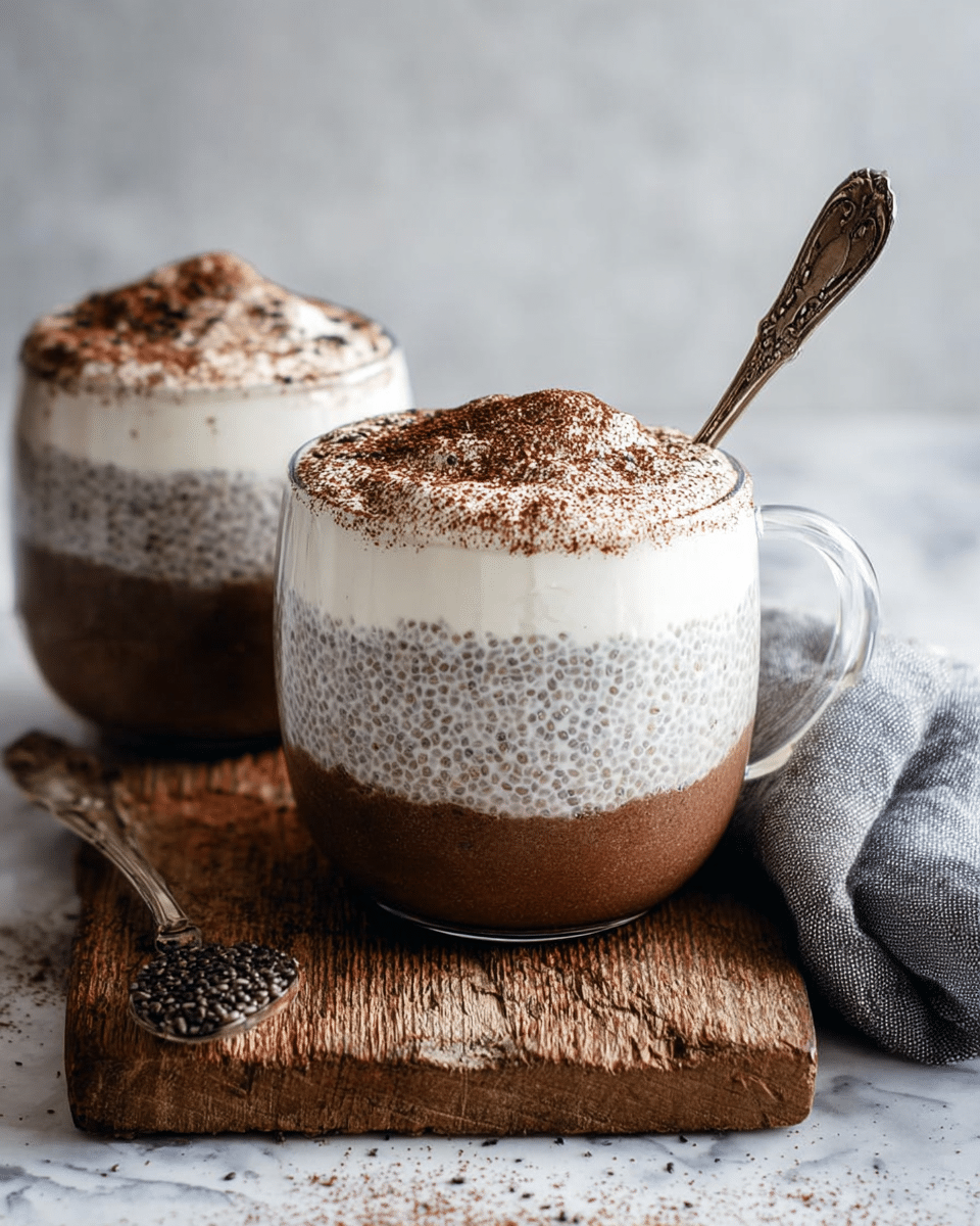 Two clear glass mugs sit on a rough wooden board placed on a white marbled surface. Each mug has three layers: the bottom layer is dark brown and smooth, the middle layer is light grayish with small chia seeds visible, and the top layer is thick white cream. The top of the cream is dusted with cocoa powder, giving a brown, slightly rough texture. One mug has an ornate silver spoon stuck into the cream, and a gray cloth napkin is beside the mugs. Photo taken with an iphone --ar 4:5 --v 7
