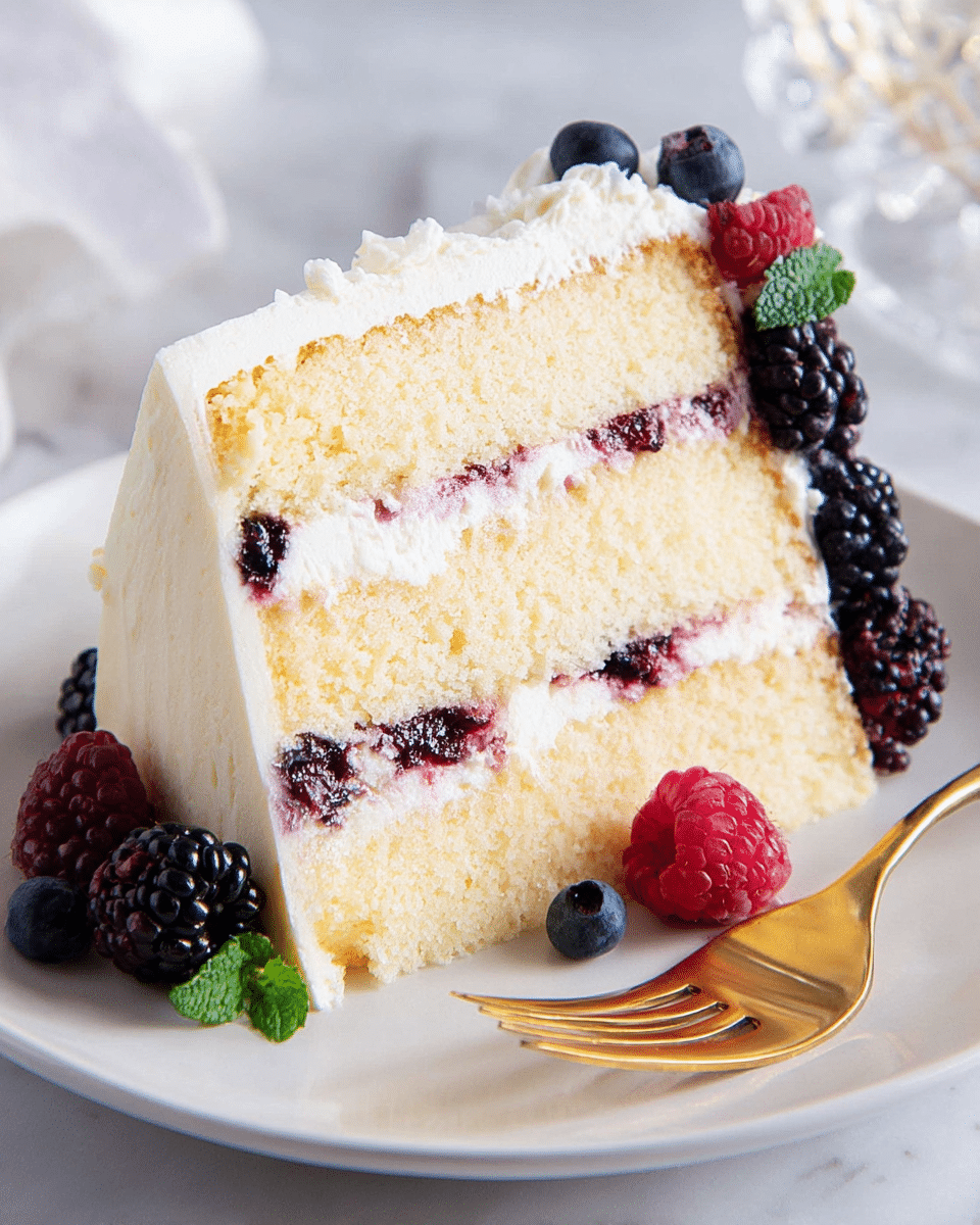 A slice of layered vanilla sponge cake with three thick layers of light yellow cake separated by thin layers of white cream mixed with dark purple and red berries. The slice is topped with white cream and decorated on one side with blackberries, blueberries, and a raspberry along with a small green mint leaf at the base. It is served on a white plate with a gold-colored fork next to it, all placed on a white marbled texture surface. Photo taken with an iphone --ar 4:5 --v 7