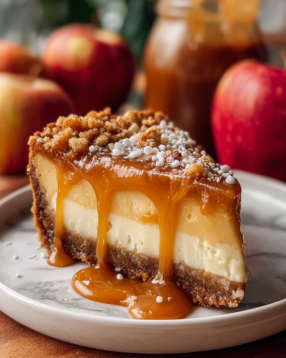 A close-up image of a slice of pie with three visible layers on a white plate: the bottom layer is a thick, crumbly brown crust, the middle layer is a smooth, creamy pale yellow filling, and the top layer is a glossy caramel sauce dripping slightly down the sides. The caramel layer is sprinkled with chopped nuts and coconut flakes. The plate sits on a white marbled surface, with red apples and a glass jar of caramel sauce blurred in the background. Photo taken with an iphone --ar 4:5 --v 7