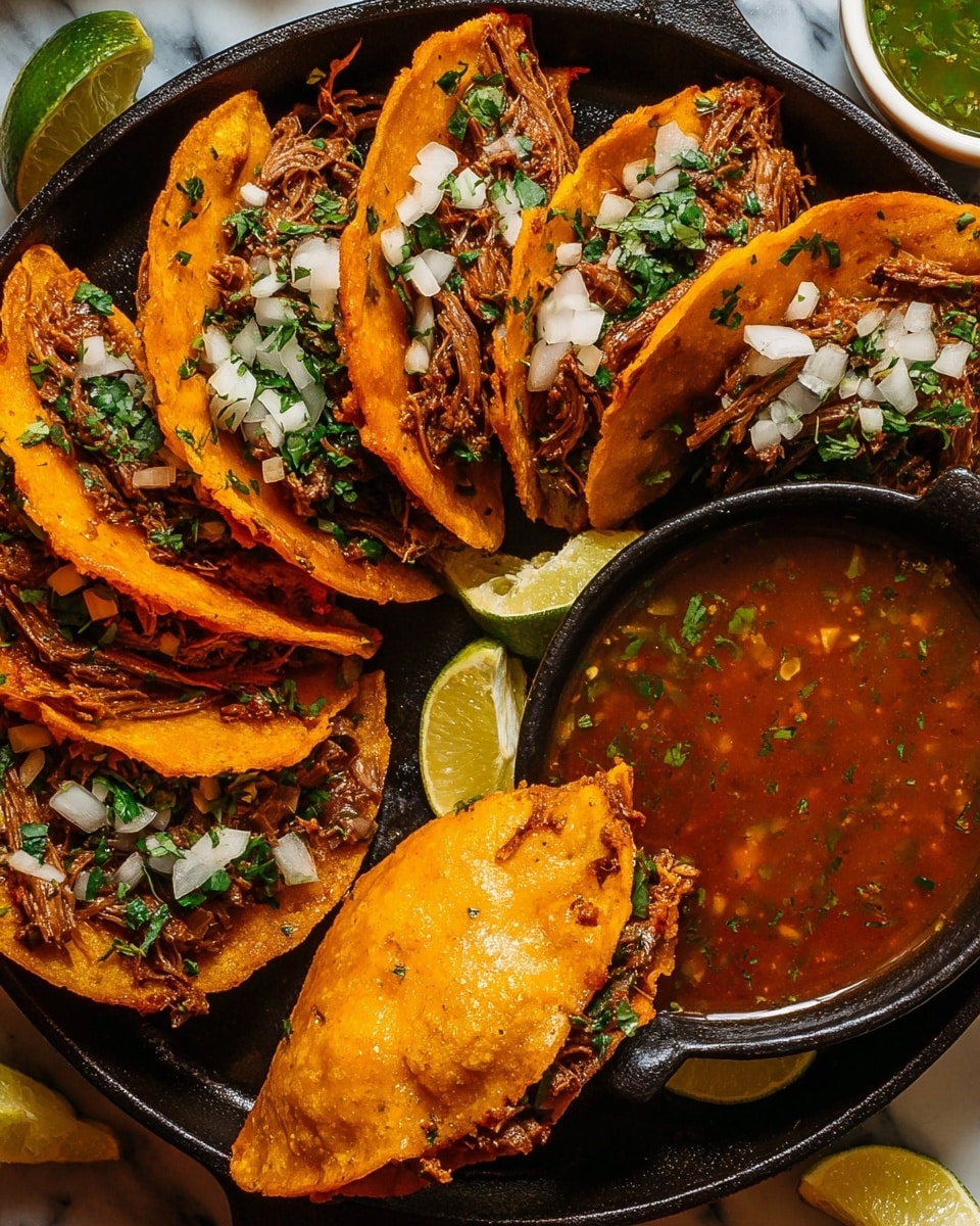 A black skillet filled with eight crispy tacos arranged in a circle around a small black bowl of rich, reddish-brown dipping sauce. Each taco has two layers: a golden orange, lightly textured fried tortilla folded to hold shredded beef, finely chopped white onions, and green herbs, with some melting white cheese visible inside. One taco is held above the bowl by a woman's hand, showing the sauce lightly coating its surface. The skillet is placed on a white marbled surface with wedges of lime and small bowls of green and orange sauces nearby. Photo taken with an iphone --ar 4:5 --v 7