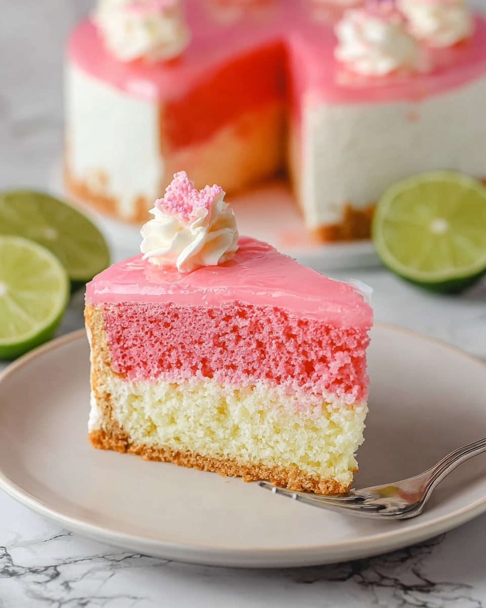 A single slice of pink cake is shown on a white plate with a silver fork beside it, sitting on a white marbled surface. The cake has three layers: a light brown bottom crust layer, a thick soft pink middle layer with a spongy texture, and a thick white creamy layer above. The top is covered with a shiny pink glaze, decorated with a small white cream dollop and a thin pink decoration. In the background, the rest of the cake is visible with a missing slice, sitting on a white plate, and there are two halved green limes placed nearby. photo taken with an iphone --ar 4:5 --v 7