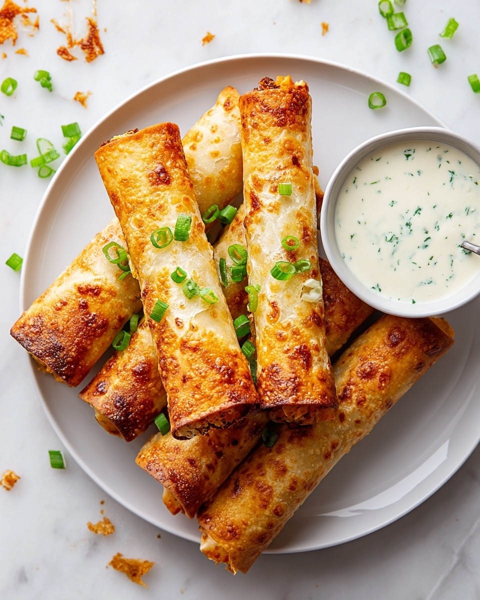 A white plate on a white marbled surface holds a stack of five golden-brown crispy rolled tacos arranged closely side by side. Each taco shows a textured, bubbly fried shell with darker browned spots. Bright green chopped scallions are sprinkled over the tacos, adding a fresh contrast. On the right side of the plate, a small bowl filled with creamy white dipping sauce dotted with tiny green herbs sits next to the tacos. The image is bright and clear with a close-up view highlighting the crunchy texture and fresh garnish photo taken with an iphone --ar 4:5 --v 7