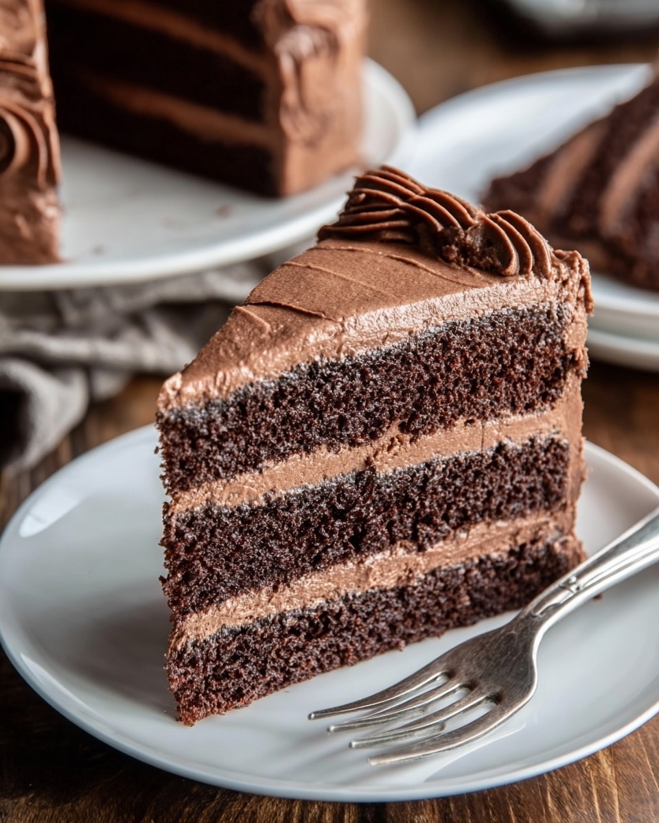 A slice of chocolate cake with three dark brown, soft, and moist cake layers separated by two smooth, light brown chocolate frosting layers. The top of the cake slice has a thick spread of the same light brown chocolate frosting with a wavy texture. The slice sits on a white plate with a small silver fork placed beside it. The background has a blurred white plate and bowl, all on a white marbled surface. Photo taken with an iphone --ar 4:5 --v 7