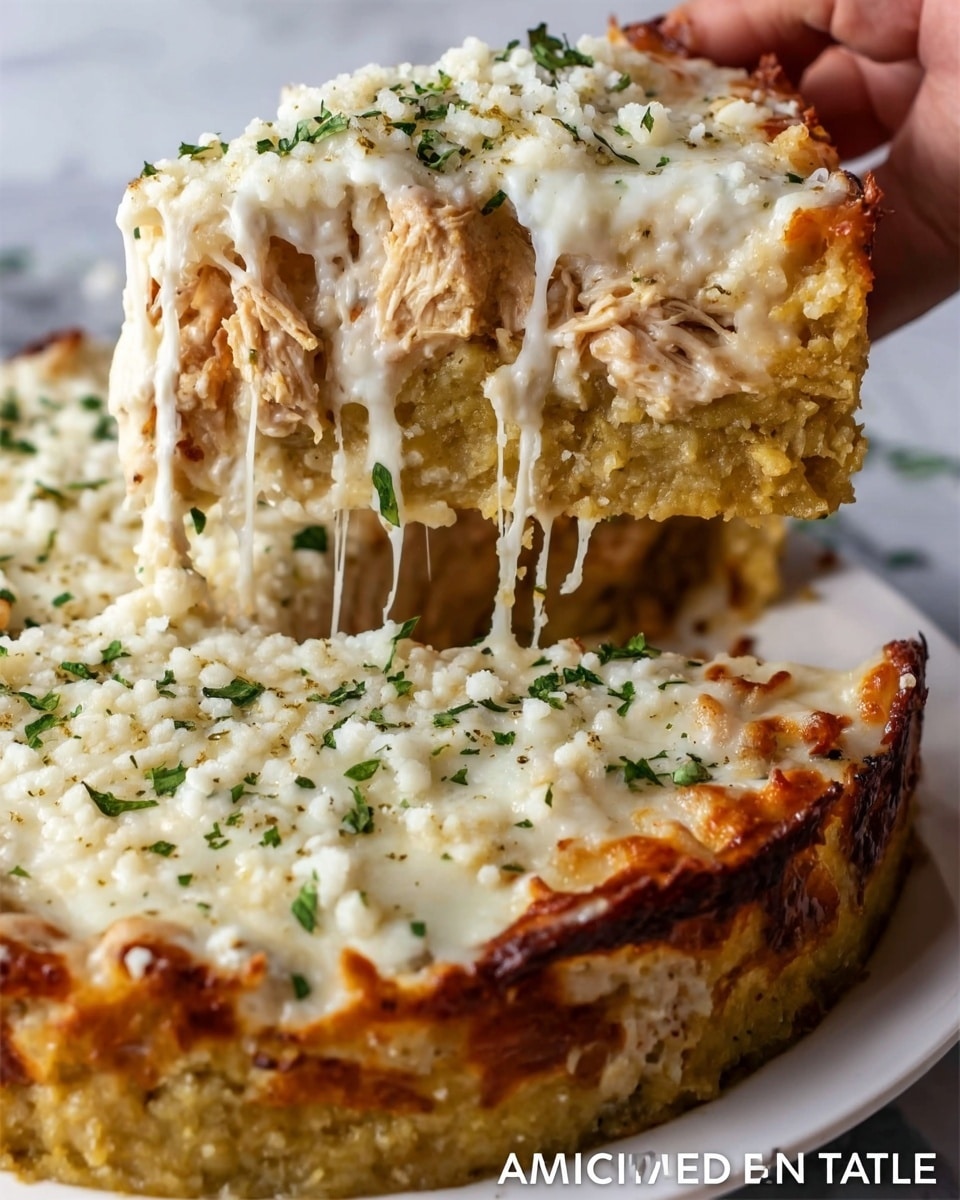 A sliced chicken tamale pie sits on a round white plate on a white marbled background. The pie has three visible layers: the bottom layer is a thick, dense yellow tamale crust; the middle layer is shredded chicken mixed with green chilies, showing a light brown and green mix; the top layer is melted white cheese sprinkled with chopped green herbs, giving a creamy and textured look. A woman's hand is lifting a slice, revealing the layers clearly. The cheese is gooey and slightly browned in spots, complementing the moist chicken filling underneath. photo taken with an iphone --ar 4:5 --v 7
