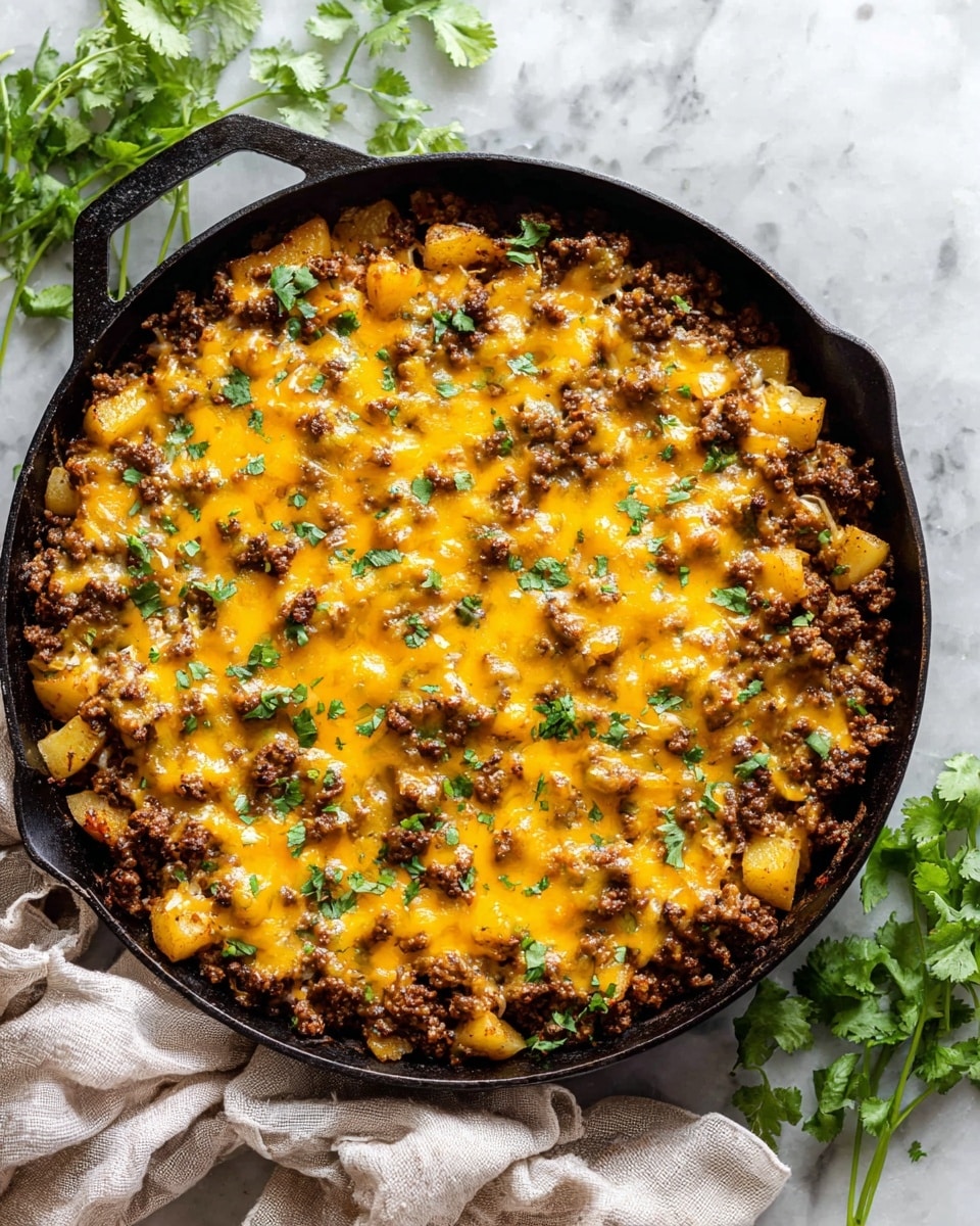 The image shows a black cast-iron skillet filled with a cooked ground beef and potato dish. The food has a rich mix of brown, golden-yellow melted cheese layered evenly over diced potatoes and browned beef crumbles, with small green herb pieces scattered on top for garnish. The skillet rests on a white marbled surface with some light beige cloth and green herb leaves nearby. The overall look is warm, hearty, and freshly baked with a melted cheese texture on top. photo taken with an iphone --ar 4:5 --v 7
