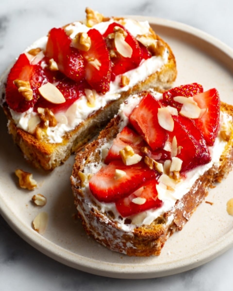 The image shows two thick slices of bread topped with layers of creamy white spread, fresh bright red strawberry slices, and sprinkled with light brown chopped nuts scattered on top and around the bread. The bread has a golden-brown crust and soft white inside. The slices sit on a white plate, placed on a white marbled surface. Photo taken with an iphone --ar 4:5 --v 7