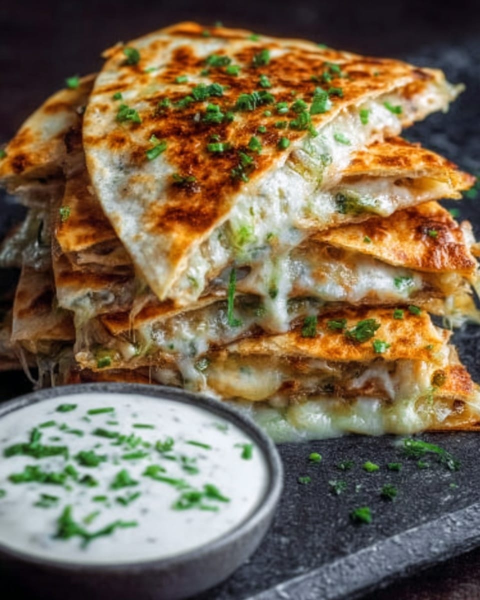 The image shows a stack of four golden-brown quesadilla slices arranged in a slightly overlapping way on a white plate. Each slice has a crispy, toasted outer layer with a bubbly texture and some dark brown spots. Between the thin layers of tortilla, there is melted cheese oozing out, with some green herbs mixed in, creating a creamy, shiny texture. The edges of the slices reveal bits of diced chicken and green herbs inside. The plate is on a white marbled surface, and a woman's hand is reaching to pick up one slice from the top. In the background, a blurred white cup with a creamy dip is visible. Photo taken with an iphone --ar 4:5 --v 7