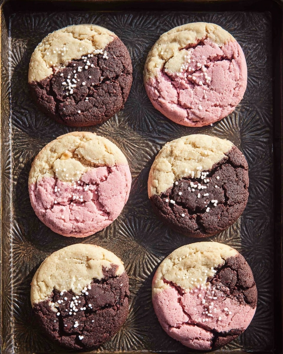 The image shows six large round cookies placed inside a metal baking tray with a patterned surface. Each cookie has three distinct layers in a tri-color design: a light beige creamy layer on one side, a dark brown chocolate layer in the middle, and a pink strawberry-colored layer on the other side, all with a slightly cracked texture. Some cookies have small white and dark sprinkles scattered on top, adding texture and contrast. The cookies are evenly spaced on the tray, which sits on a white marbled surface. The lighting highlights the contrast between the layers and textures clearly. photo taken with an iphone --ar 4:5 --v 7